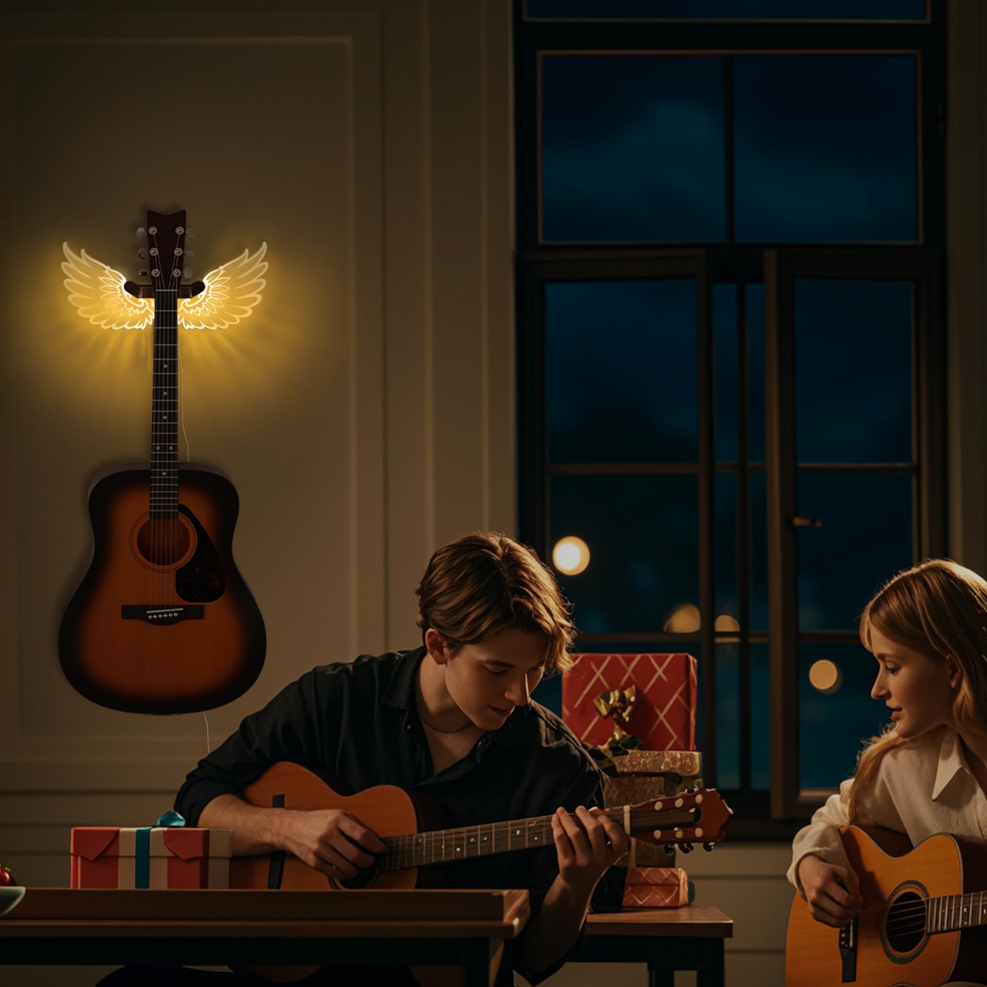 CoolGift Mart Gitarrenständer Wandhalterung mit leuchtenden Engelsflügeln, Acryl hölzerne Gitarre Aufhänger Regal mit USB betrieben, für akustische elektrische Bass Ukulele