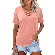 Heymiss Womens Tops Short Sleeve V Neck Shirts Loose Casual Blouses Summer Tees Criss Cross