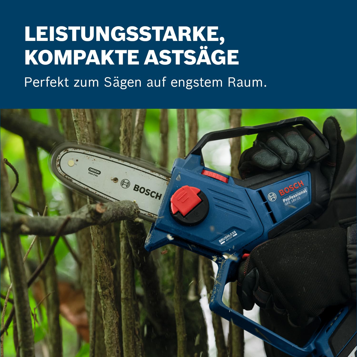 Bosch Professional 18V System Astsäge GKE 18V-15 (bis zu 350 Schnitte pro Akku-Ladung, Schneiden bis 13 cm, bürstenloser Motor, inkl. Schwertschutz 15 cm)