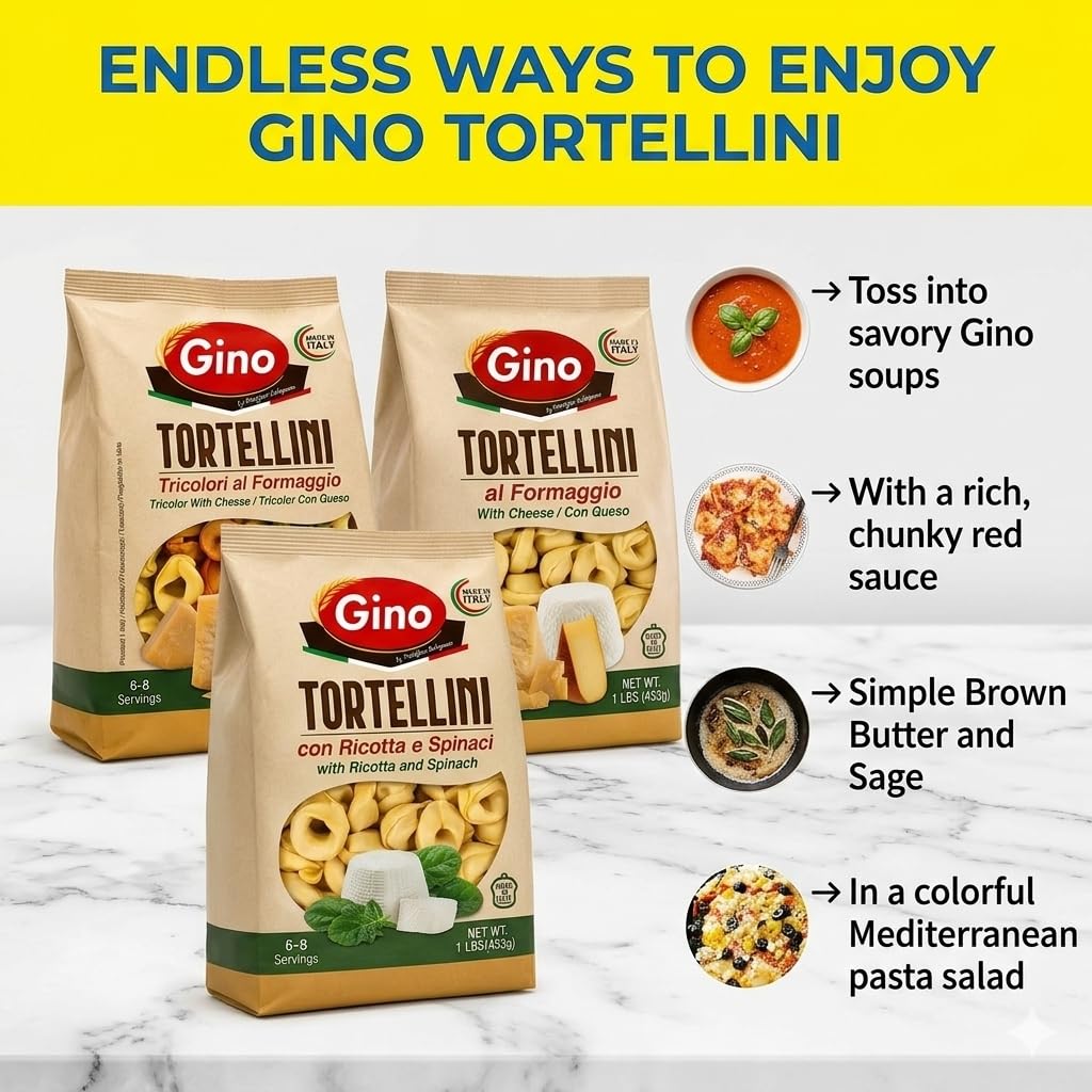 Gino Italian Tortellini Variety Pack (3 lbs Total) | Classic Cheese, Tricolor, & Spinach Ricotta Bronze-Cut Egg Pasta | Non-GMO, Made in Italy (3 Pack)