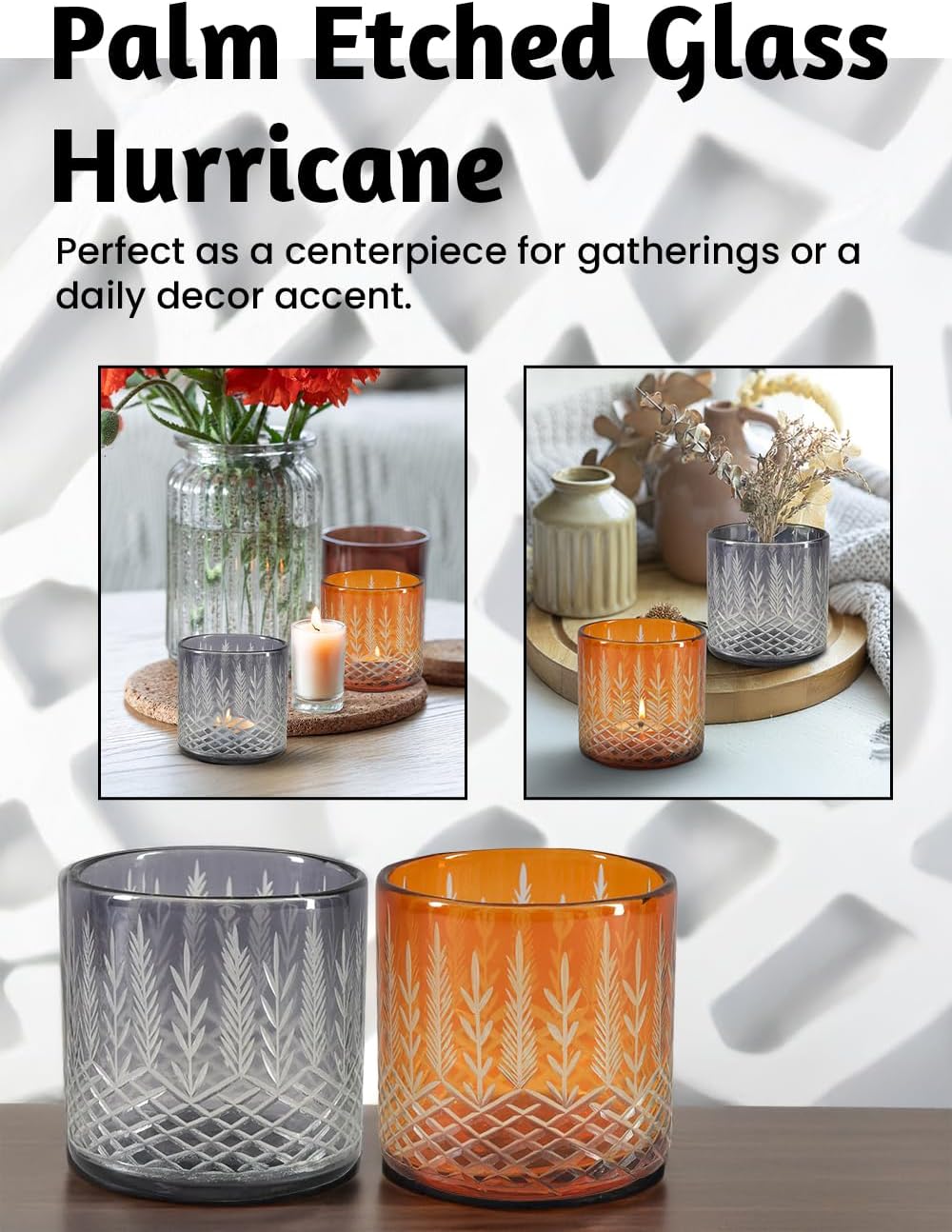 Serene Spaces Living Palm Etched Glass Hurricane – Dual-Purpose Design, Elegant Artisanal Craftsmanship, Candle Holder, Flower Arrangment, Floral Vase, Table Centerpiece (Small, Orange - Pack 1)