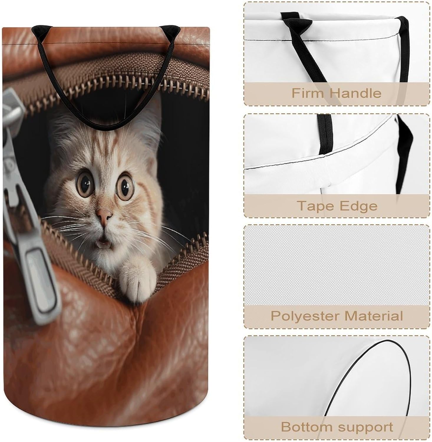 Large Laundry Basket Collapsible Laundry Hamper Waterproof Foldable Washing Bin Clothes Bag Cat Peeks Out of Zippered Leather Pocket Freestanding Dirty Clothes Hampers for Laundry, Bedroom, Dorm