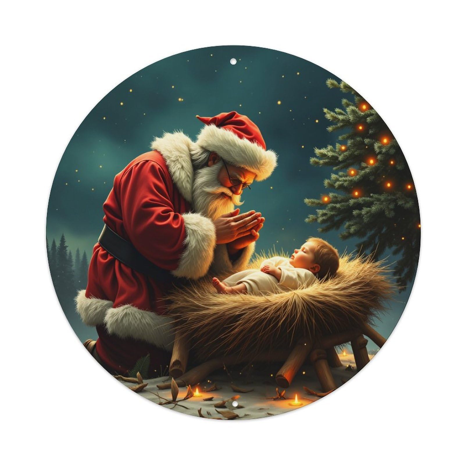 Santa Claus Baby Christmas Tree Starry Night Round Tin Sign Retro Metal Sign for Cafe Bar Pub Home Game Room Gym Club Wall Decoration Vintage Metal Poster 8x8 Inch