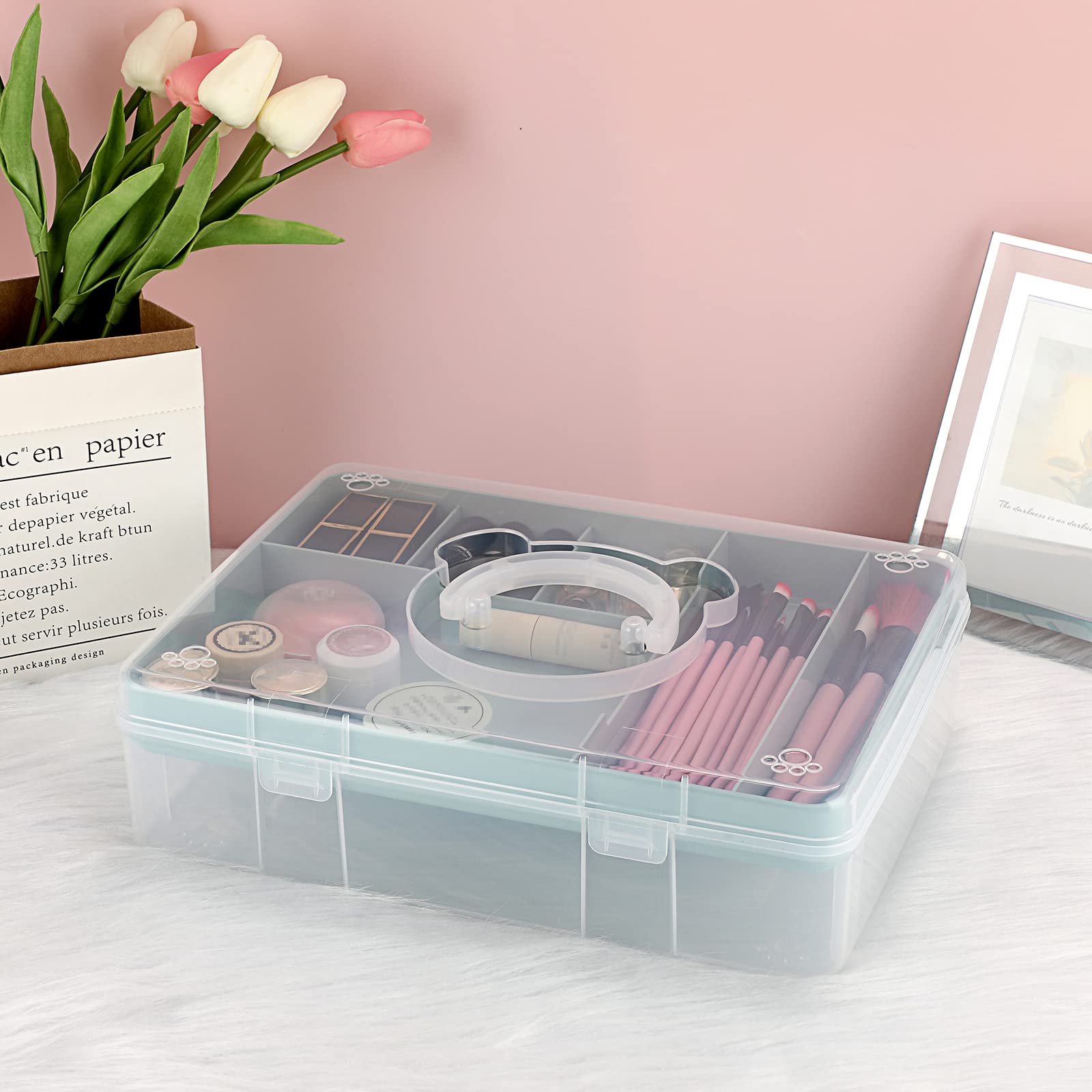 JuxYes Plastic Storage Box with Removable Tray, Handled Sewing Carry Box, Portable Tool Box Organizer & Storage Case for Art Craft, Cosmetic, Stationary, Clear Blue — view 8
