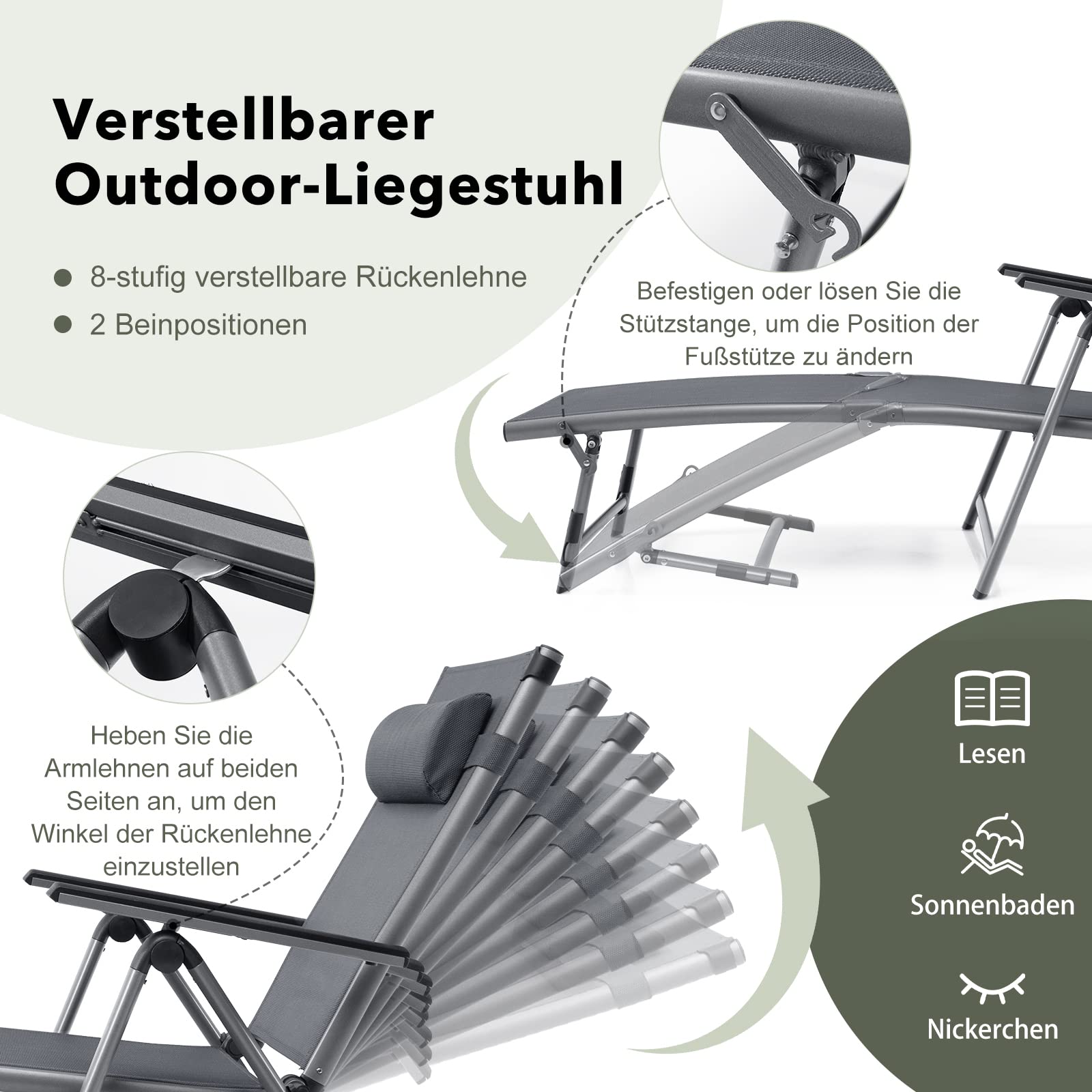 COSTWAY Sonnenliege klappbar, Aluminium Gartenliege mit Verstellbarer Rückenlehne & Fußteil, Kopfkissen, Armlehnen, Liegestuhl mit schnell trocknendem Stoff, Klappliege für Garten, Balkon, Terrasse