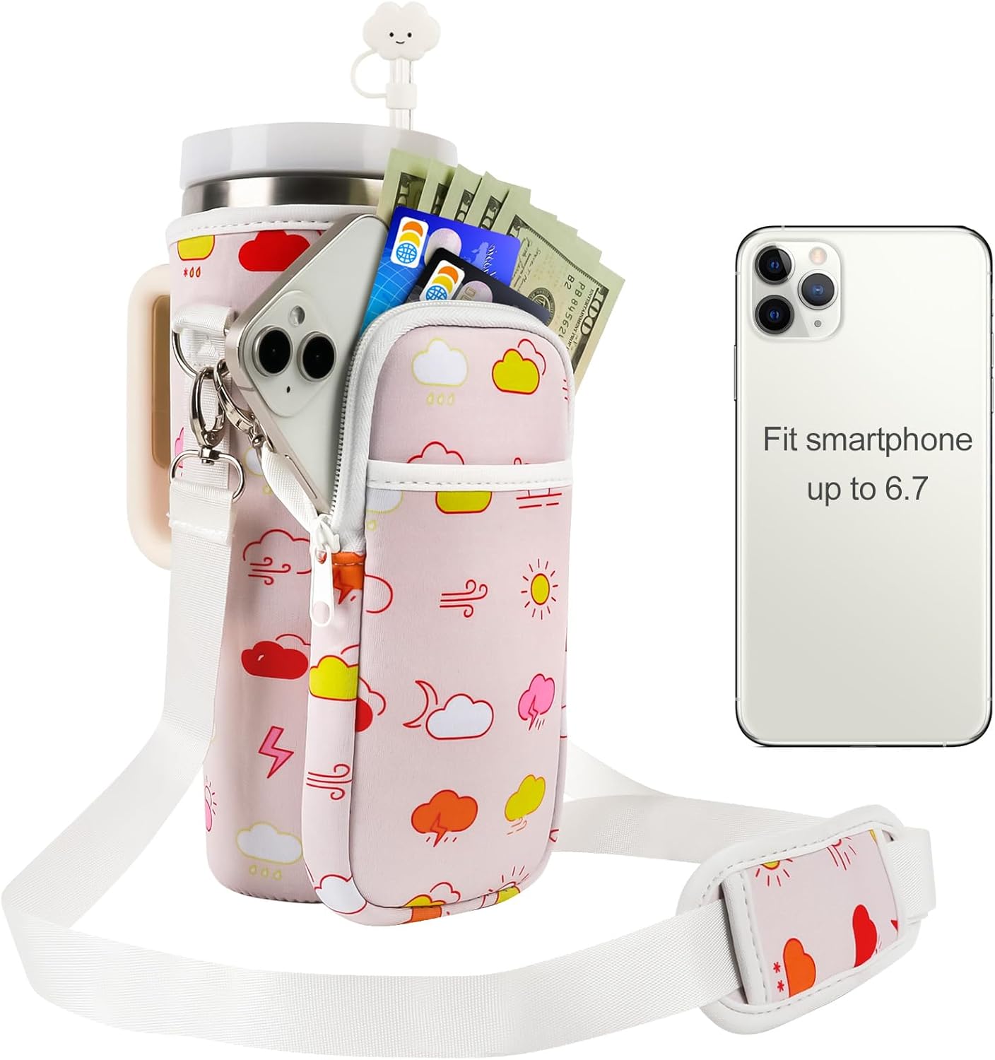 Cangroo Water Bottle Carrier Bag for Stanley 40oz Tumbler Cup Bag Pouch with Large Phone Holder & Carrying Strap & & Straw Covers, Stanley Cup Accessories