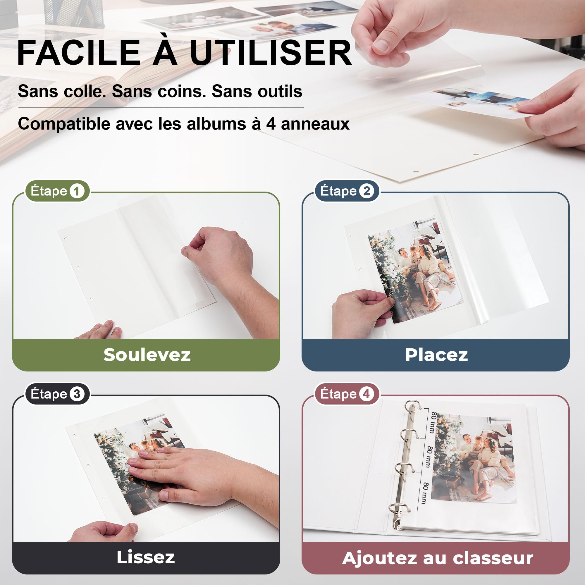 Vienrose Recharges pour Album Photo Adhésif Classeur à 4 Anneaux, 200 Pages