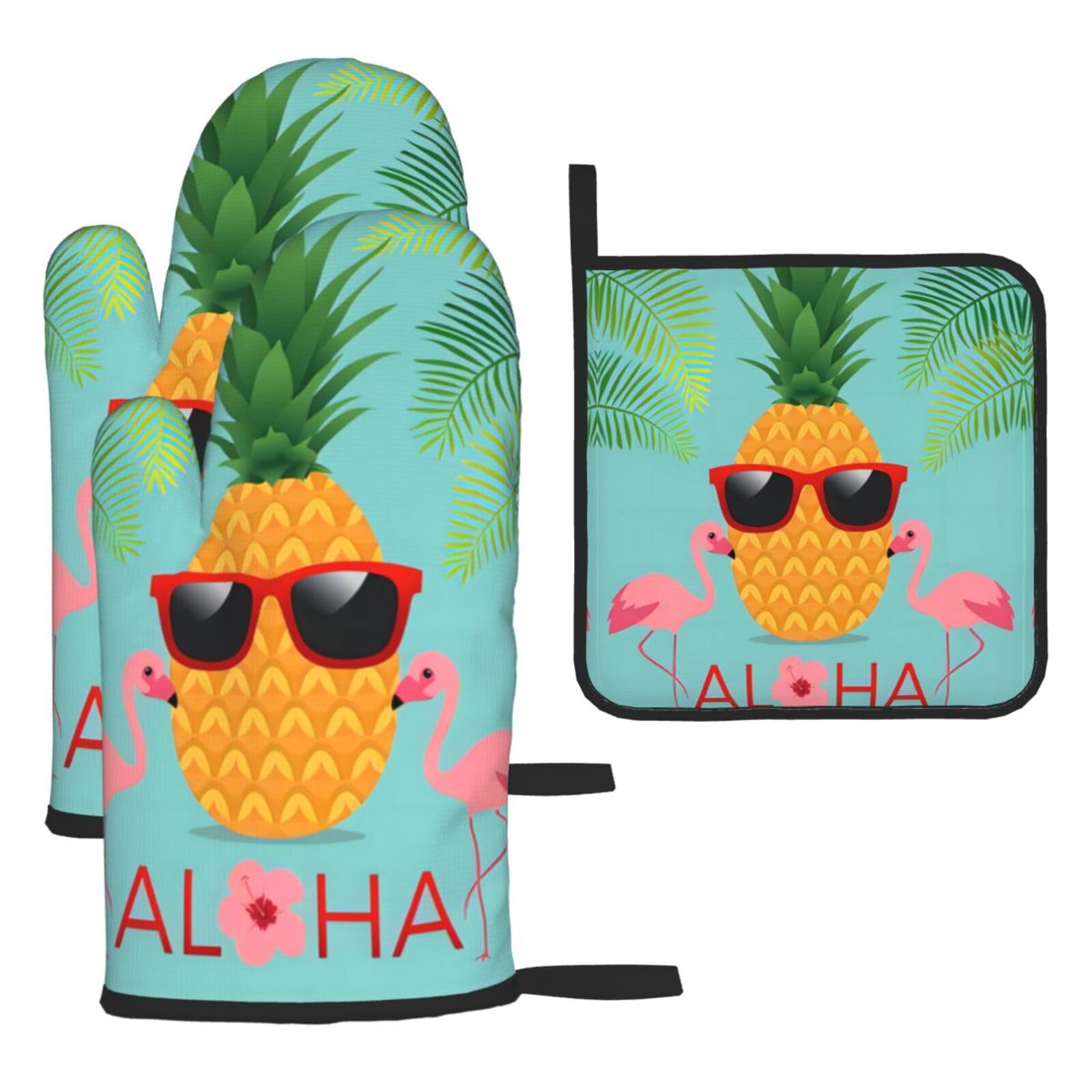 Pineapple Flamingo Printed Kitchen Oven Mitt Set 3-Piece Heat Resistant Gloves with Pot Holder Mat for Cooking Baking BBQ