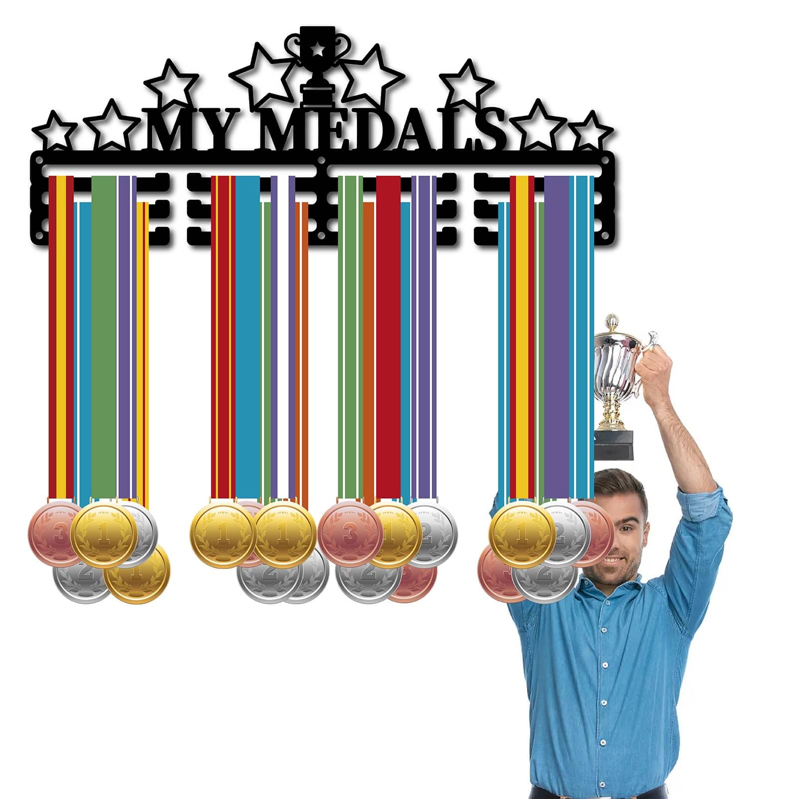 CREATCABIN Le Mie Medaglie Appendiabiti per Medaglie Display Porta Medaglie Stella Porta Trofei Telaio Sport Appeso in Metallo Premi per Atleti Supporto A Parete in Ferro Decorazione Oltre 40x15cm