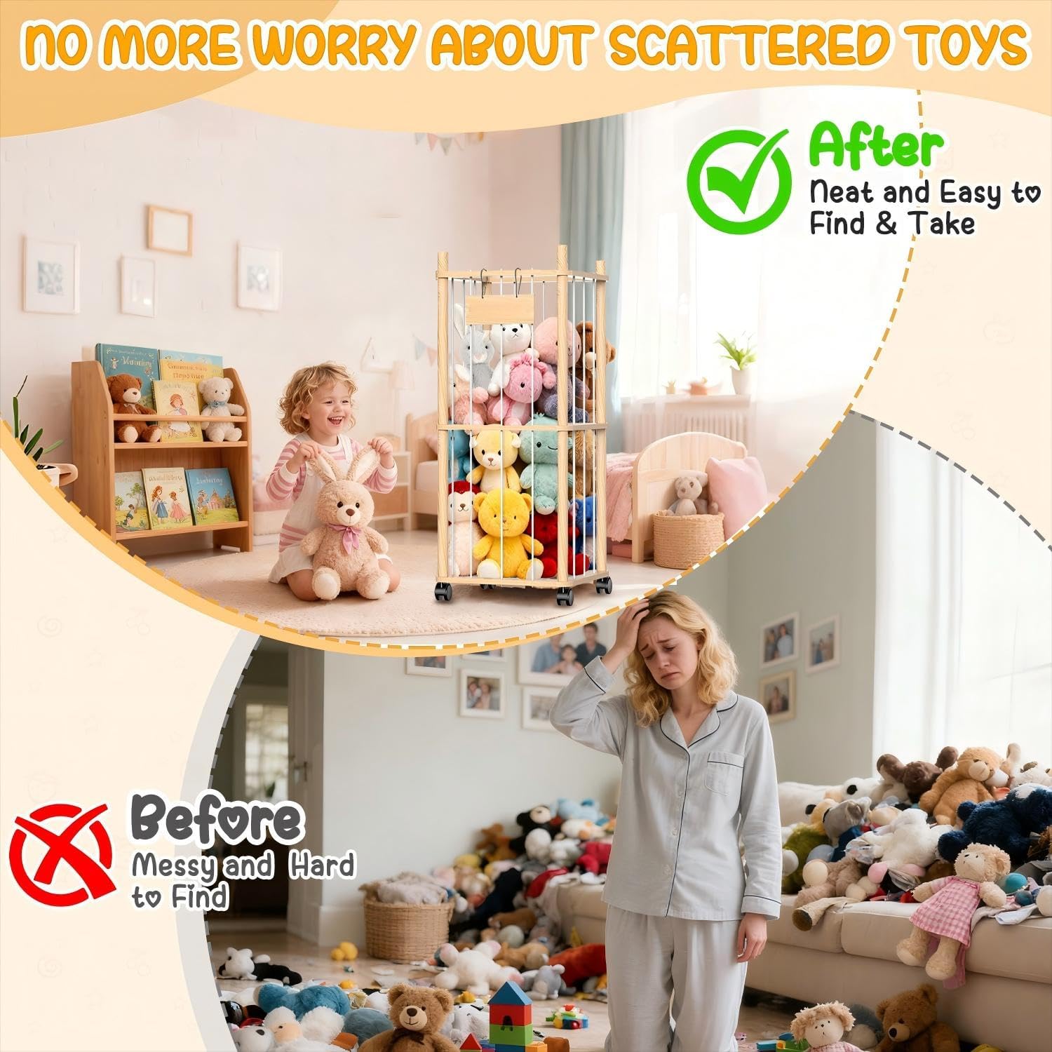 Stuffed Animal Storage with Wheels (Rolling Zoo), Large Wooden Plushie Organizer with Bonus Mesh Net for Small Toys, Mobile Toy Holder Cage for Kids Playroom Bedroom & Toddler Room(Natural Pine) - Image 5