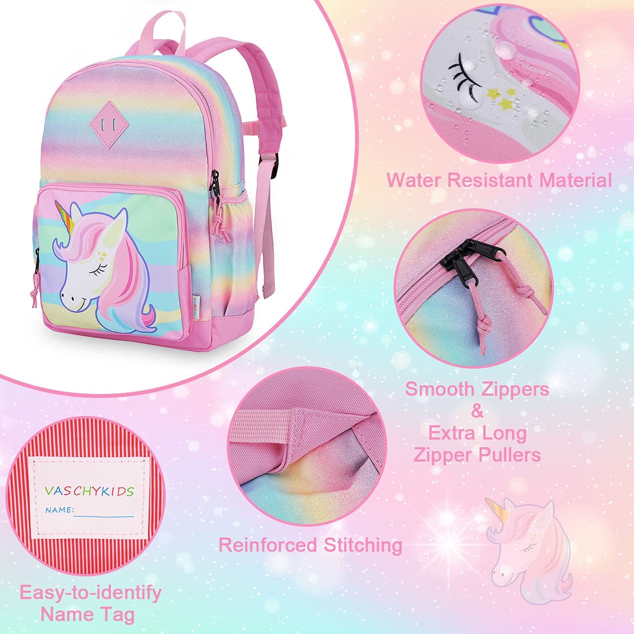 VASCHY Mochila Niña, Mochilas Escolares Mochila Infantil 4-6 Años para Escolar Ajustar Carpeta A4 con Bolsillos Laterales y Correa en Pecho
