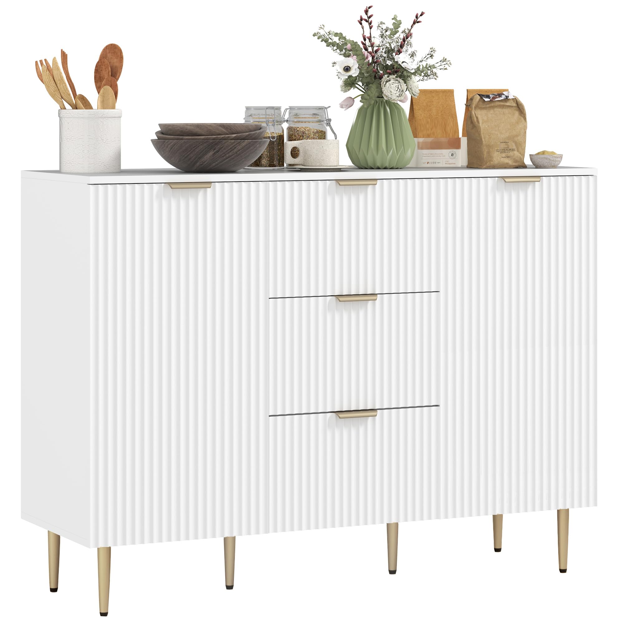 HOMCOM Credenza Cucina Buffet Moderna 3 Cassetti 2 Ante 120x40x90 cm Bianco | 2 Armadietti, Ripiani, Piedini Regolabili, Mobile Cucina, Madia Soggiorno Moderna, Ingresso, Legno