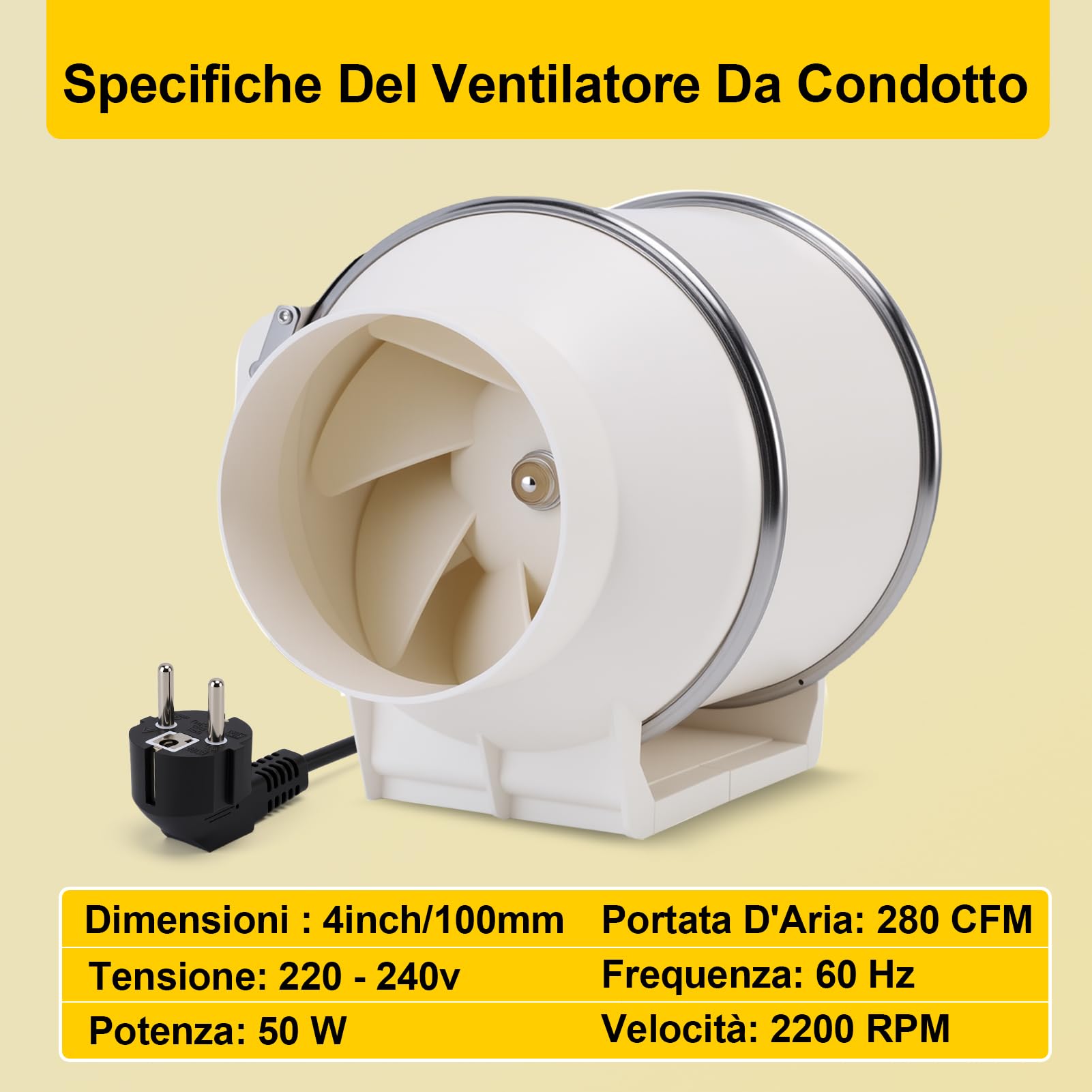 100mm/4in Ventola Aspirazione Bagno, 280 CFM 2200 RPM Professionale Aspiratore Da Bagno, Estrattore Aria In Iinea, Ventola Di Scarico Per Bagno, Tende Di Crescita, Coltura Idroponica