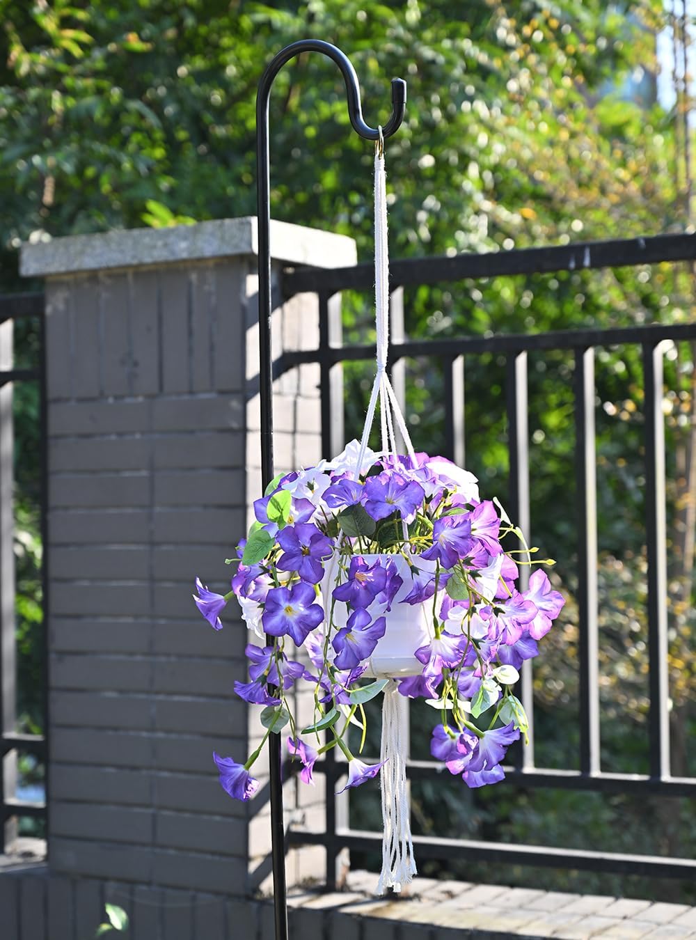 Artificial Hanging Flowers with Basket for Outdoors, 2 Pack Fake Petunia Flowers UV Resistant, Realistic Faux Hanging Plants for Home Porch Patio Garden Balcony Yard Decor (Purple White)