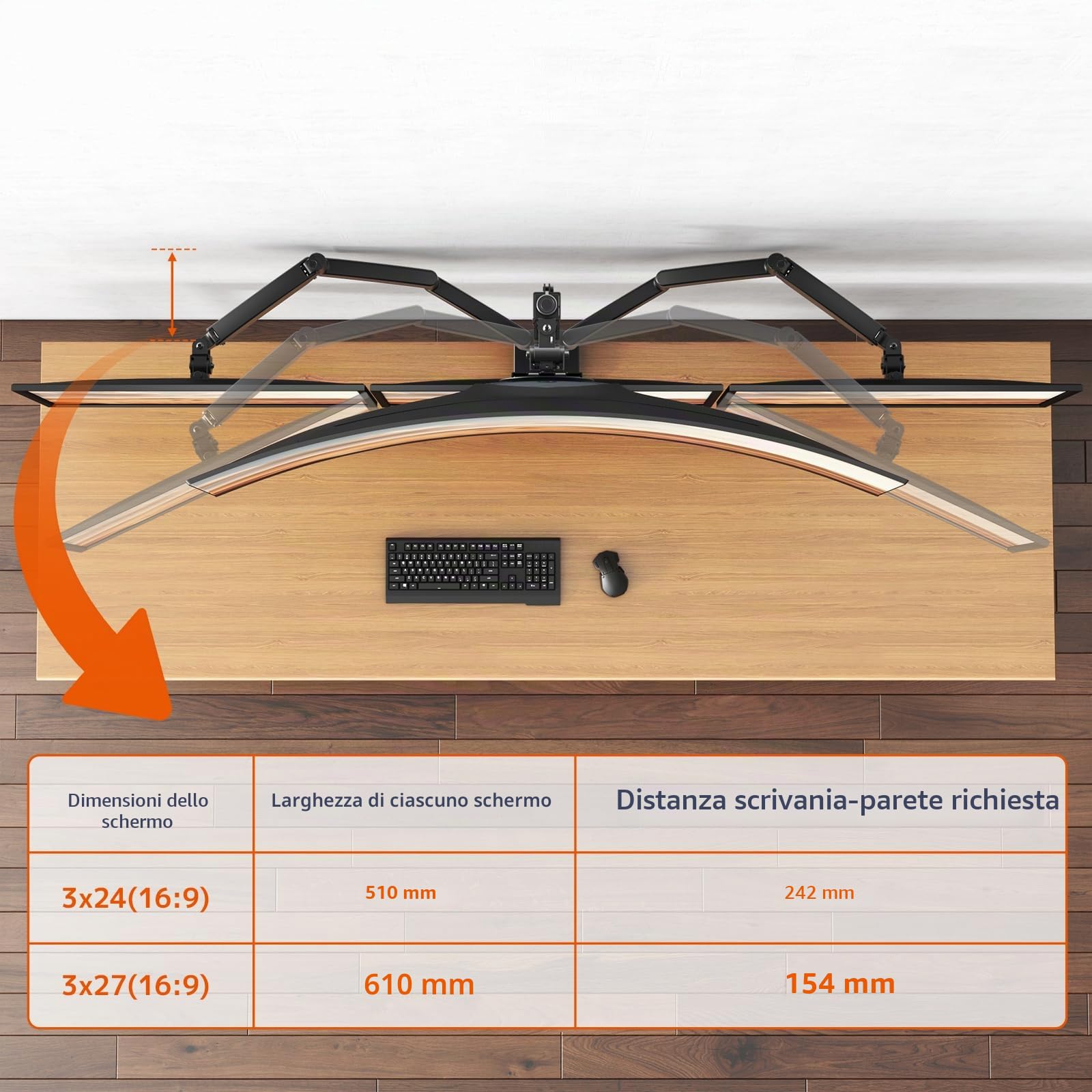 Supporto per monitor 4 monitor, max. fino a 1x49'‘ e 3x27’' Schermi piatti e curvi, supporto da tavolo con asta da 80 cm, supporto per monitor impilabile regolabile, VESA 75/100