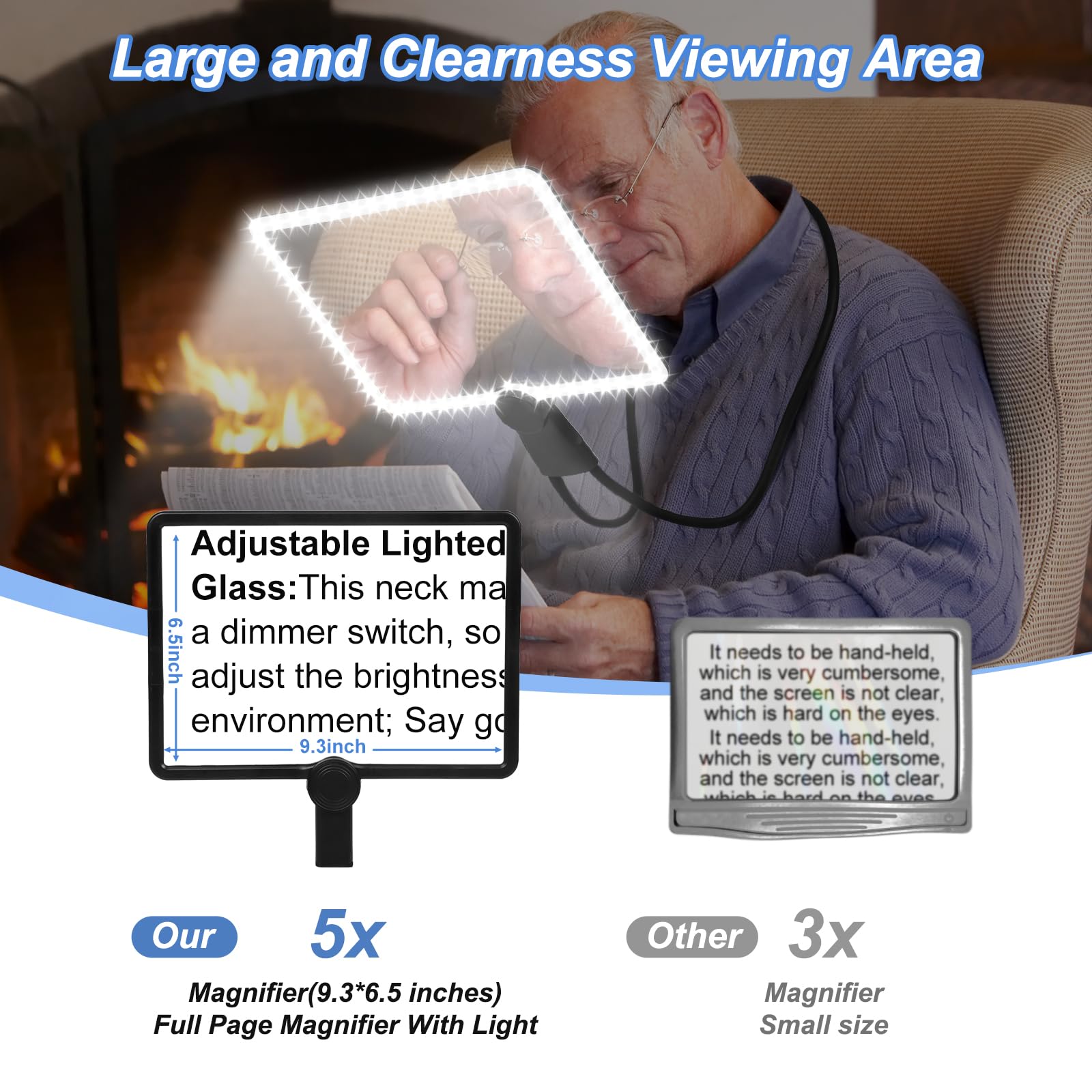 Lupa manos libres con luz, lupa de página completa para leer, 50 LED ultrabrillantes, lupa grande con luz con cuello de cisne flexible, lupas de lectura recargables para personas mayores