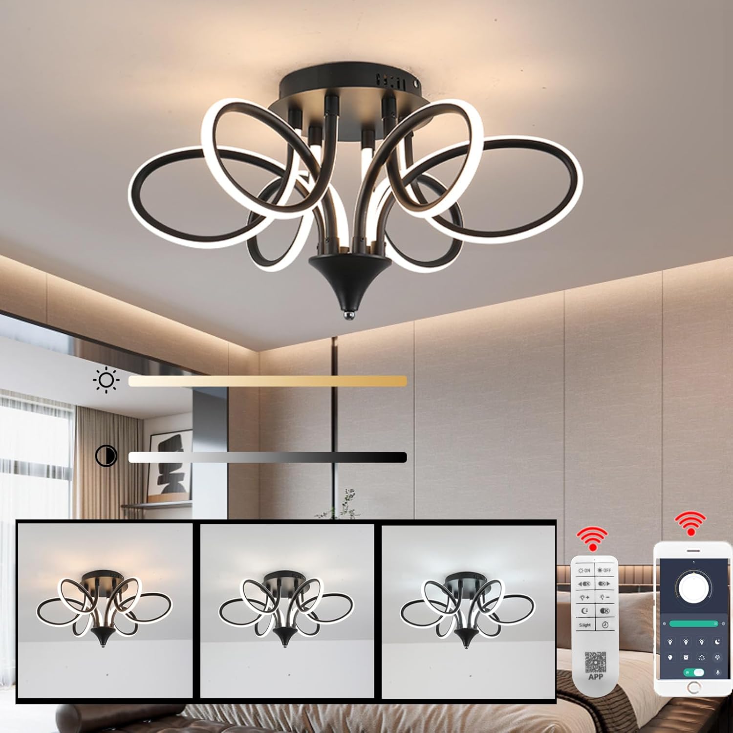 Chrome/Black LED Ceiling Light with Remote Control, Dimmable Lustre with 3 Color Temperature,6 Lights Chandelier for Dining Room (Black, Dia22 x H11)