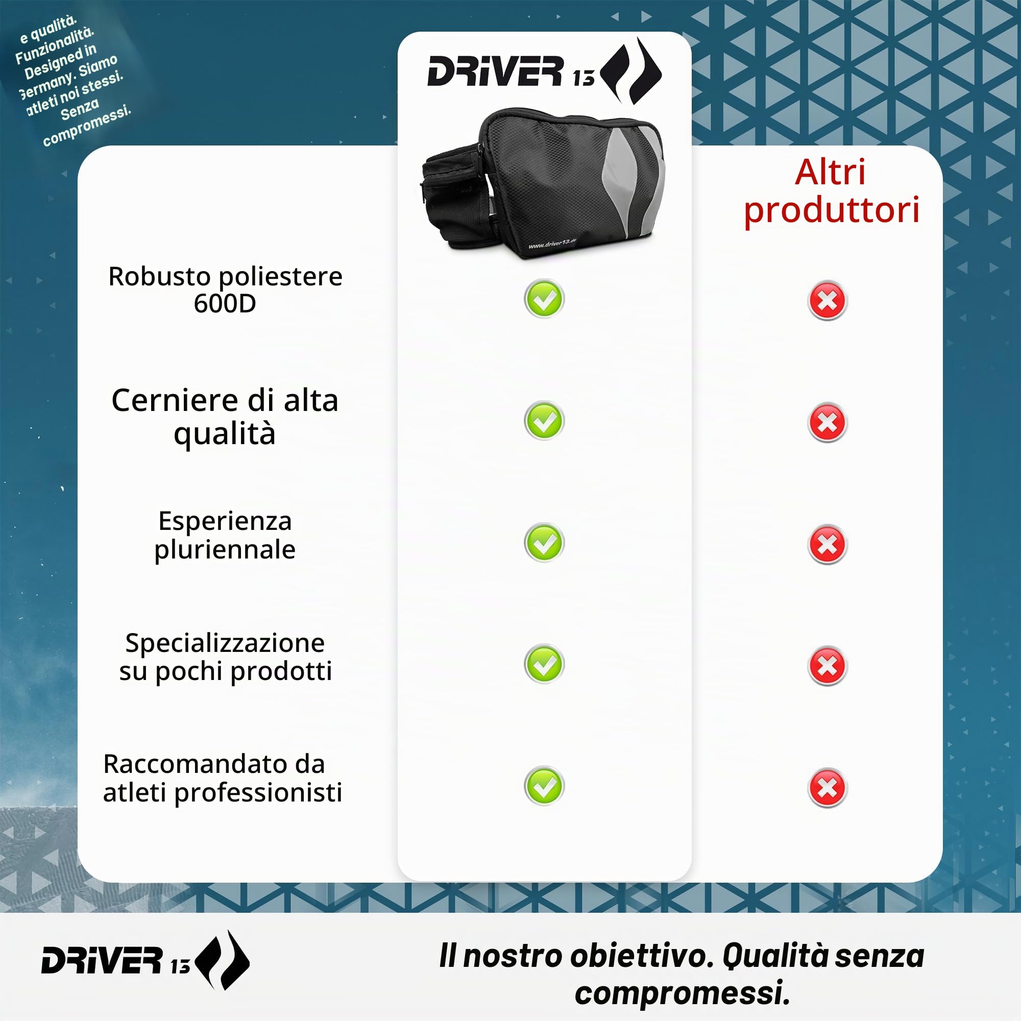 Driver13 Hipo Pack marsupio 3 L, marsupio per bici, trekking e trail, tasche interne, clip portachiavi, nero