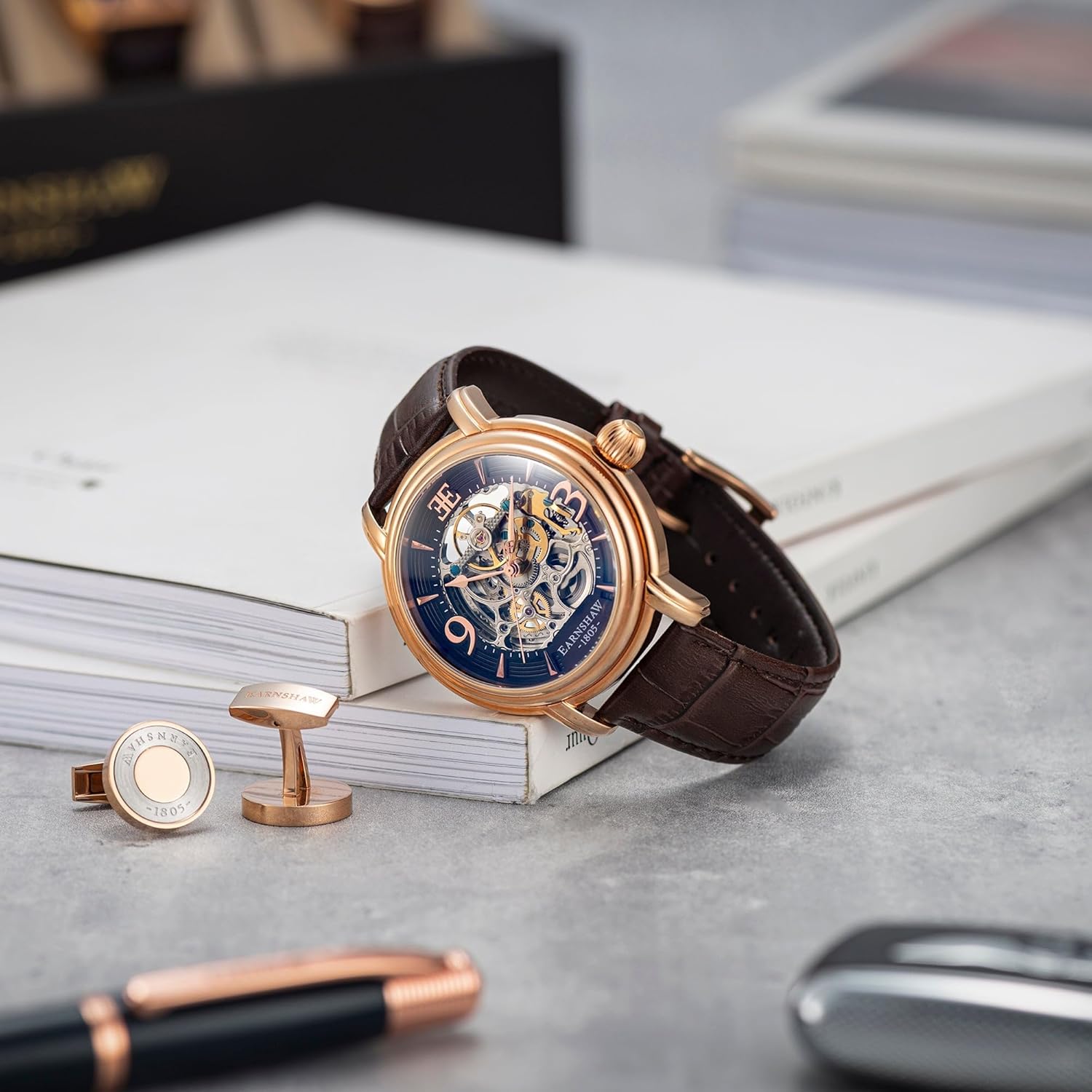 Thomas Earnshaw Longcase Grande Skeleton Men's Automatic Watch 48mm Open Heart Dial Genuine Leather Strap ES-8011 Brandy Rose Gold