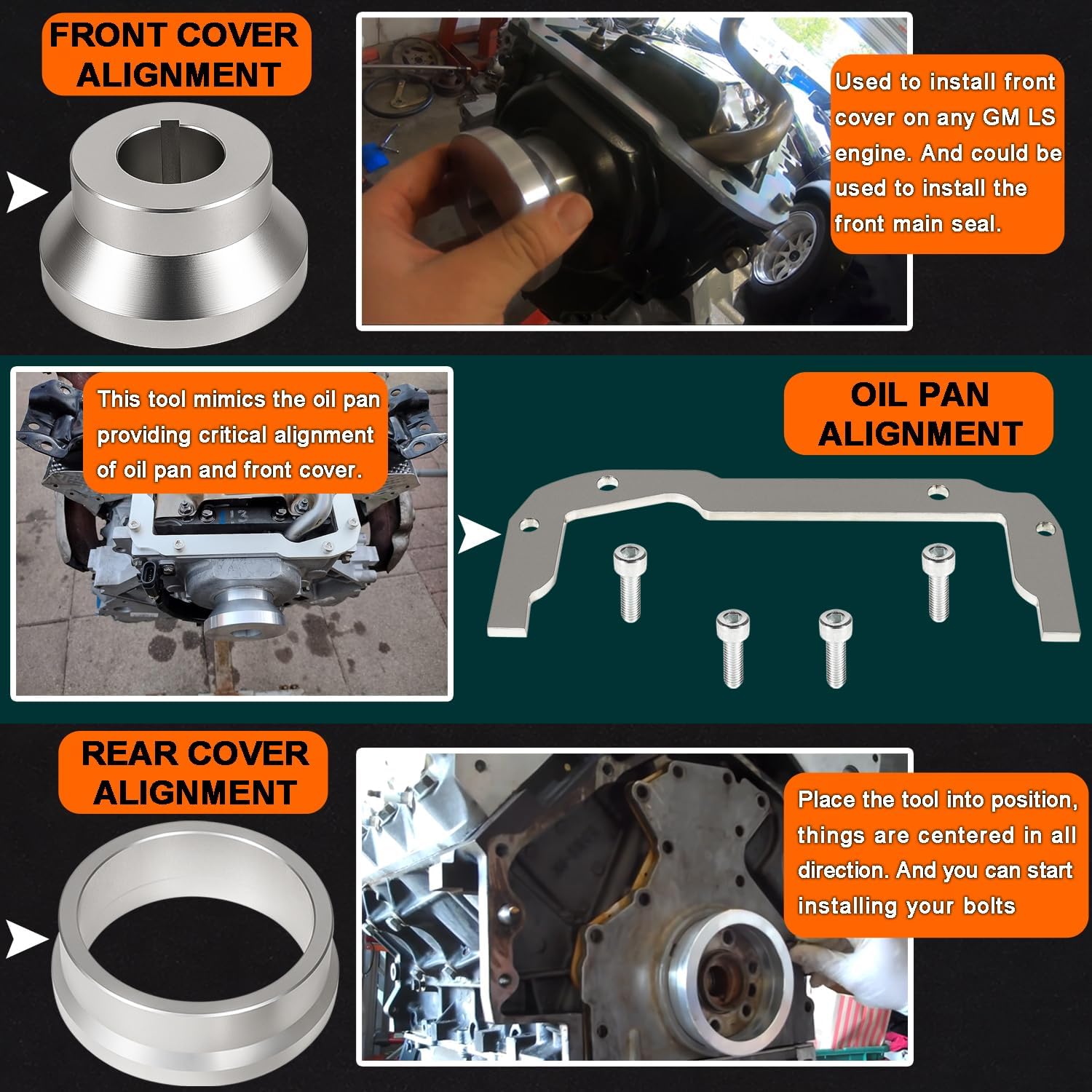 Camoo LS Rear Main Cover Alignment Tool, Front Cover & Oil Pan Alignment Tool Kit, Heavy Duty Billet Aluminum Engine Sealing Installer for LS1 LS2 LS3 LS6 LSA LQ4 4.8 5.3 5.7 6.0