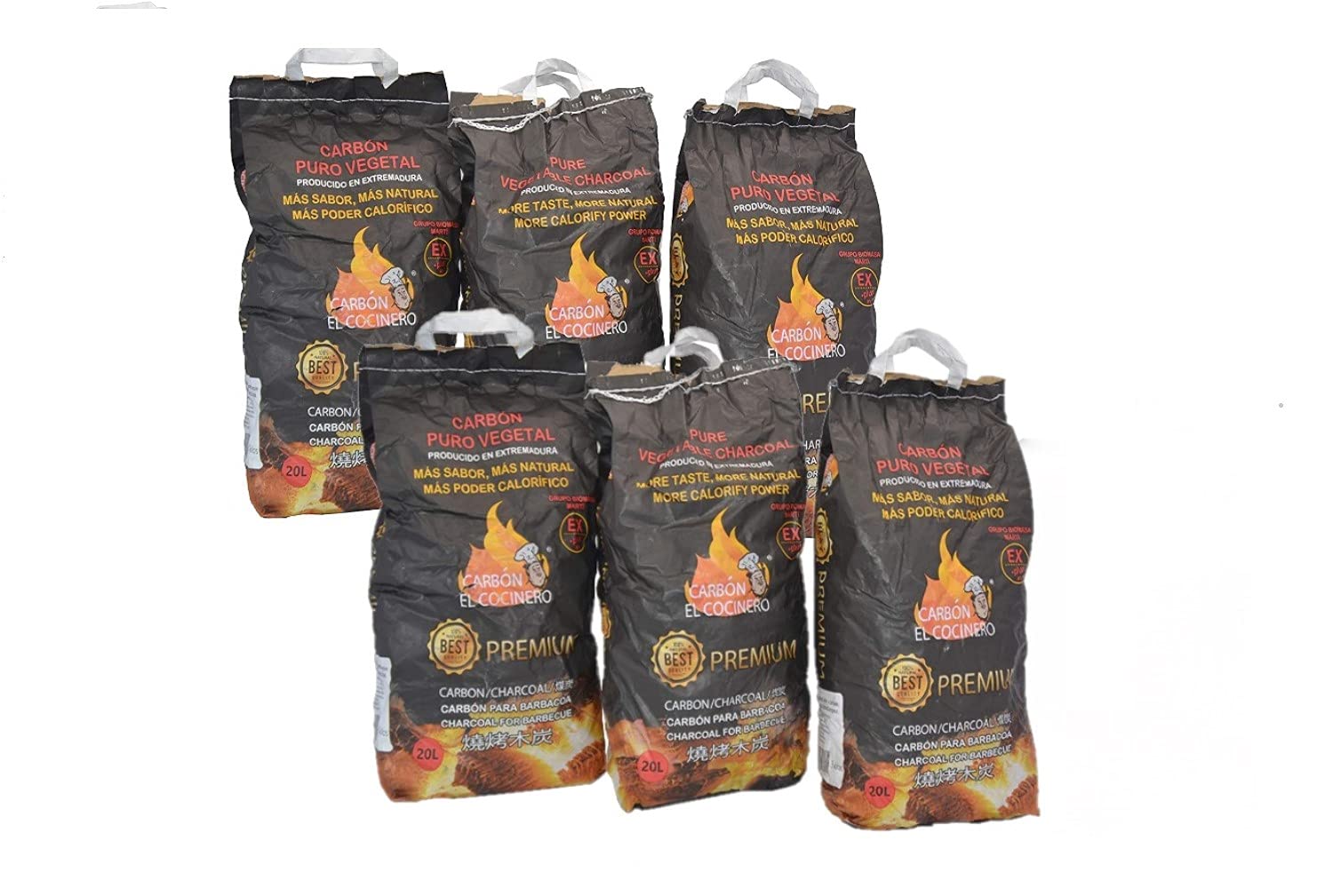 Carbón Puro Vegetal Premium 6 Bolsas de 20 litros o 3 kg und. para barbacoas y cocinas