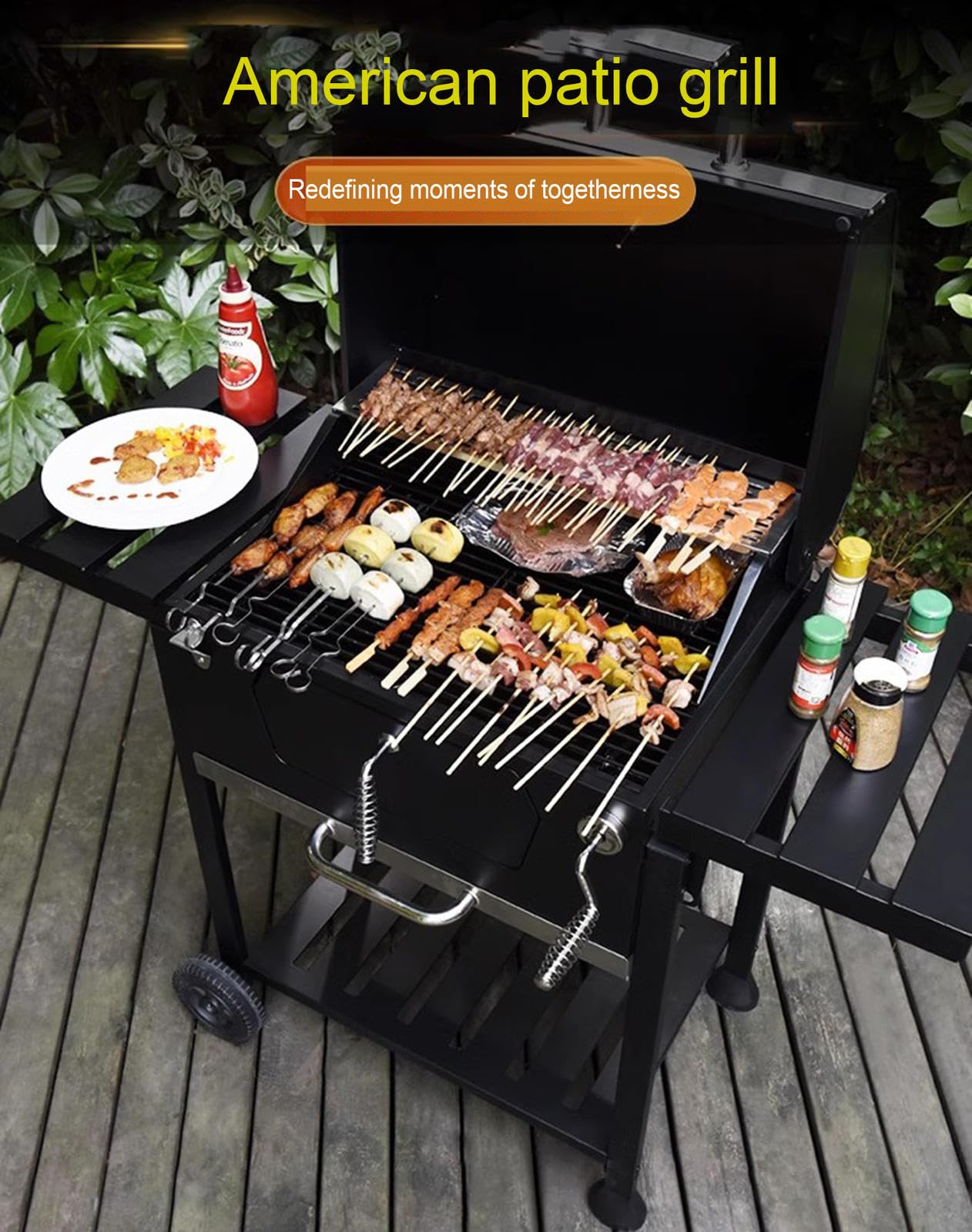 Parrilla Para Exteriores, Carrito Grande Para Barbacoa de Carbón, Parrilla Ahumadora Para Jardín y Patio Trasero con Soporte, Mesa Auxiliar con Ruedas, Termómetro Incorporado