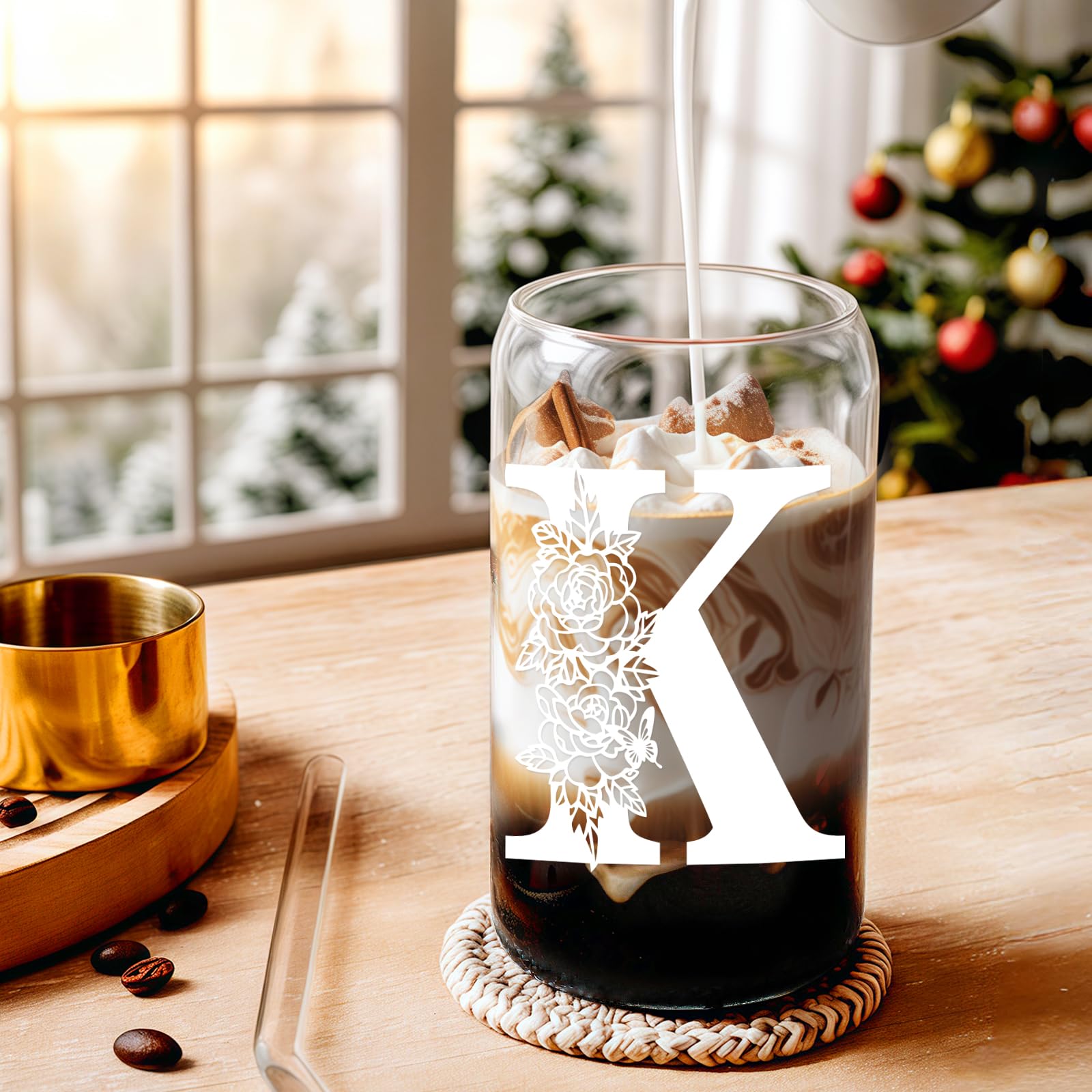 Valentines Day Gifts for Women Decorations：Initial Glass Cup as Office Graduation Memorial Personalized Birthday Gifts - for Mom Teens Wife Girlfriend Sister Daughter Gifts - K Aesthetic Cup