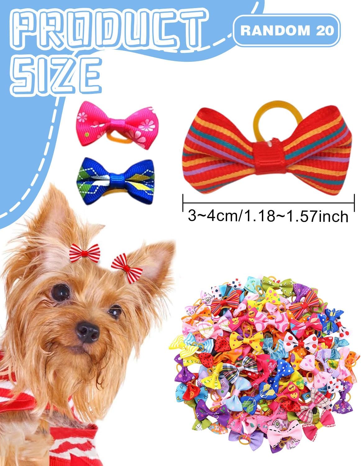 Dog Hair Bows, Dog Hair Bows Dog Hair Accessories with Bands for Small Dogs, Cats and Puppies, Random Colors (20 pcs) 3