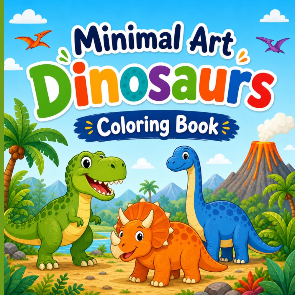Minimal Art Dinosaurs Coloring Book: Bold and Easy Coloring Pages with Simple Shapes, Cute Dinosaurs, Prehistoric Plants, Volcanoes and Relaxing Jurassic Designs