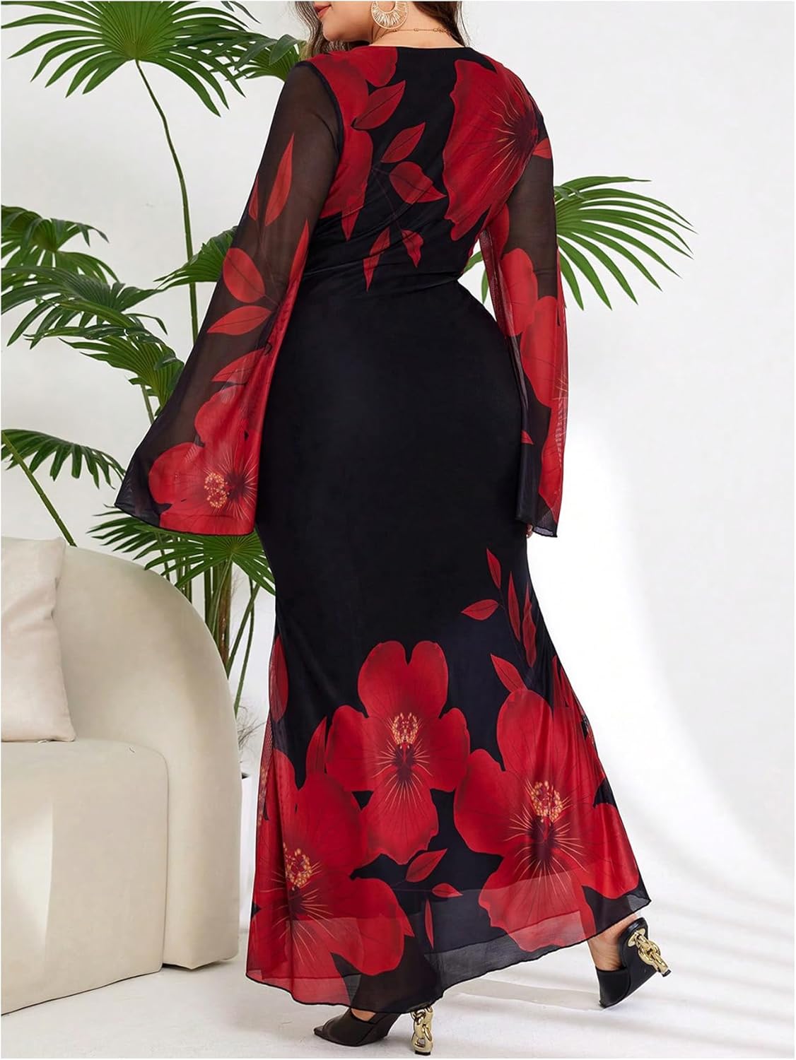 Verdusa Women's Plus Size Floral Wedding Guest Dress Mesh Flare Sleeve Maxi Bodycon Dresses Brunch Outfits - Image 2