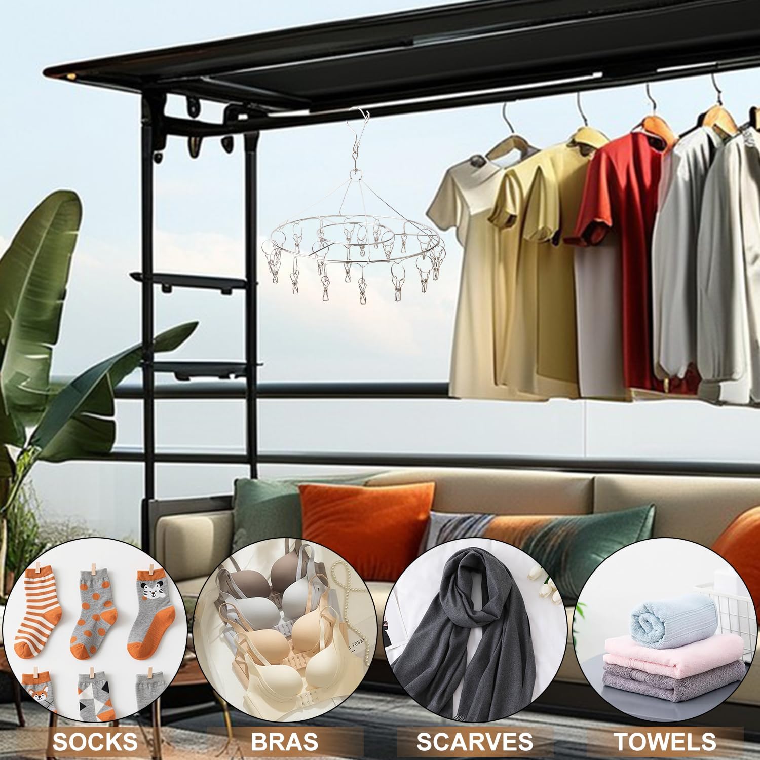6 Pack 13 inch Round Stainless Steel Drying Rack with 20 Clips, Swivel Sock Drying Rack with Windproof Clips, Stainless Steel Clothes Hanger for Bras, Clothes, Sock & Underwear Towels