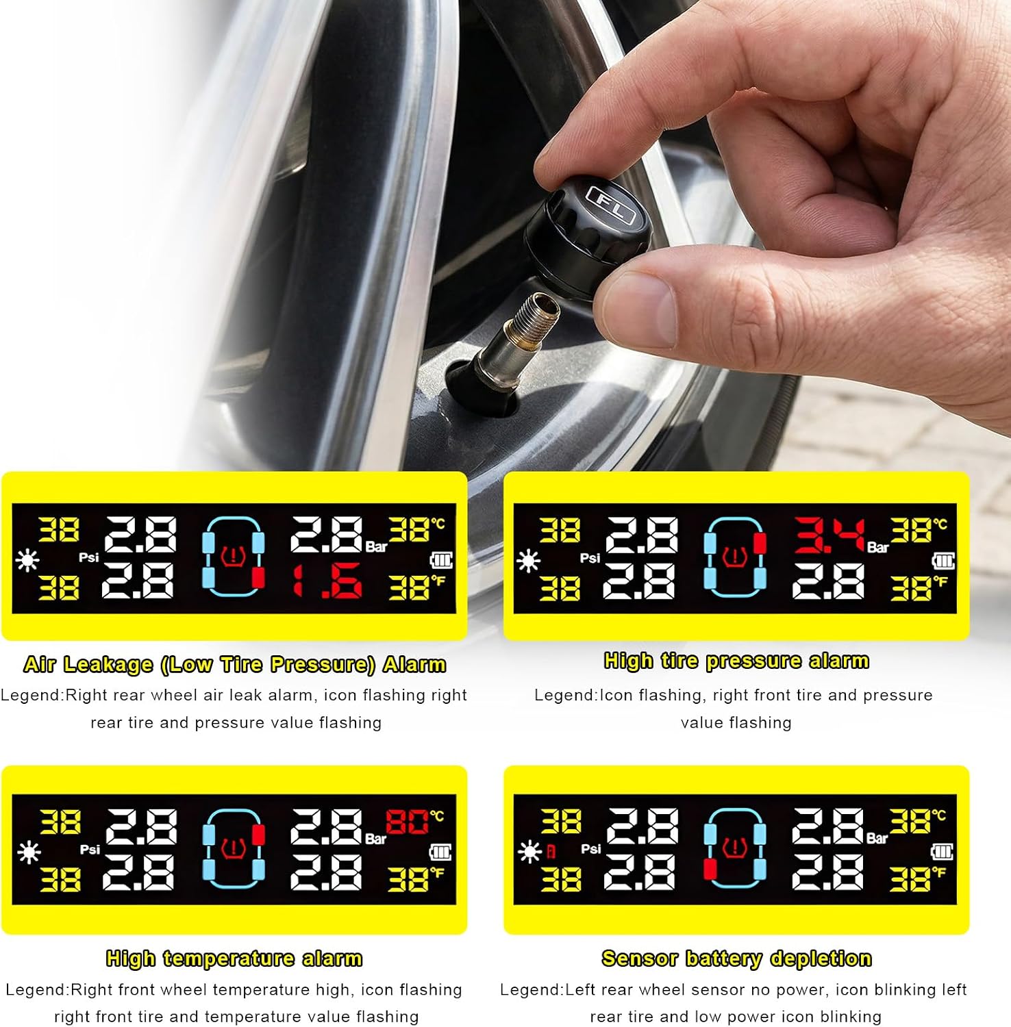 Tire Pressure Monitoring System, Real-Time Tire Pressure Monitor w/Solar Charger & 4 External Sensors, 6 Alarm Modes LCD Display Tyre Monitoring System for Car Truck SUV