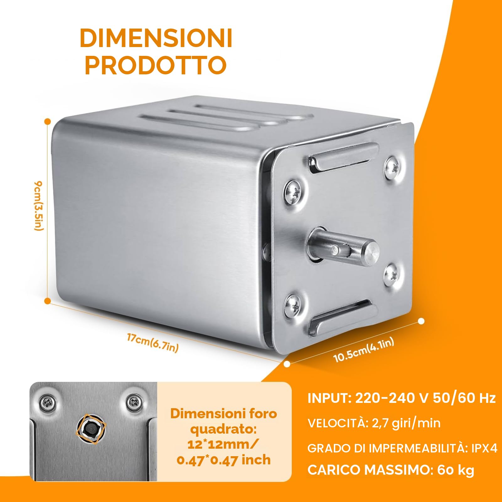 SP-S40 15W 60KG/132LBS Motore Elettrico per Barbecue in Acciaio Inox, 2.7 RPM Motore Professionale per Barbecue, Pollo, Maiale, Capra alla griglia all'aperto