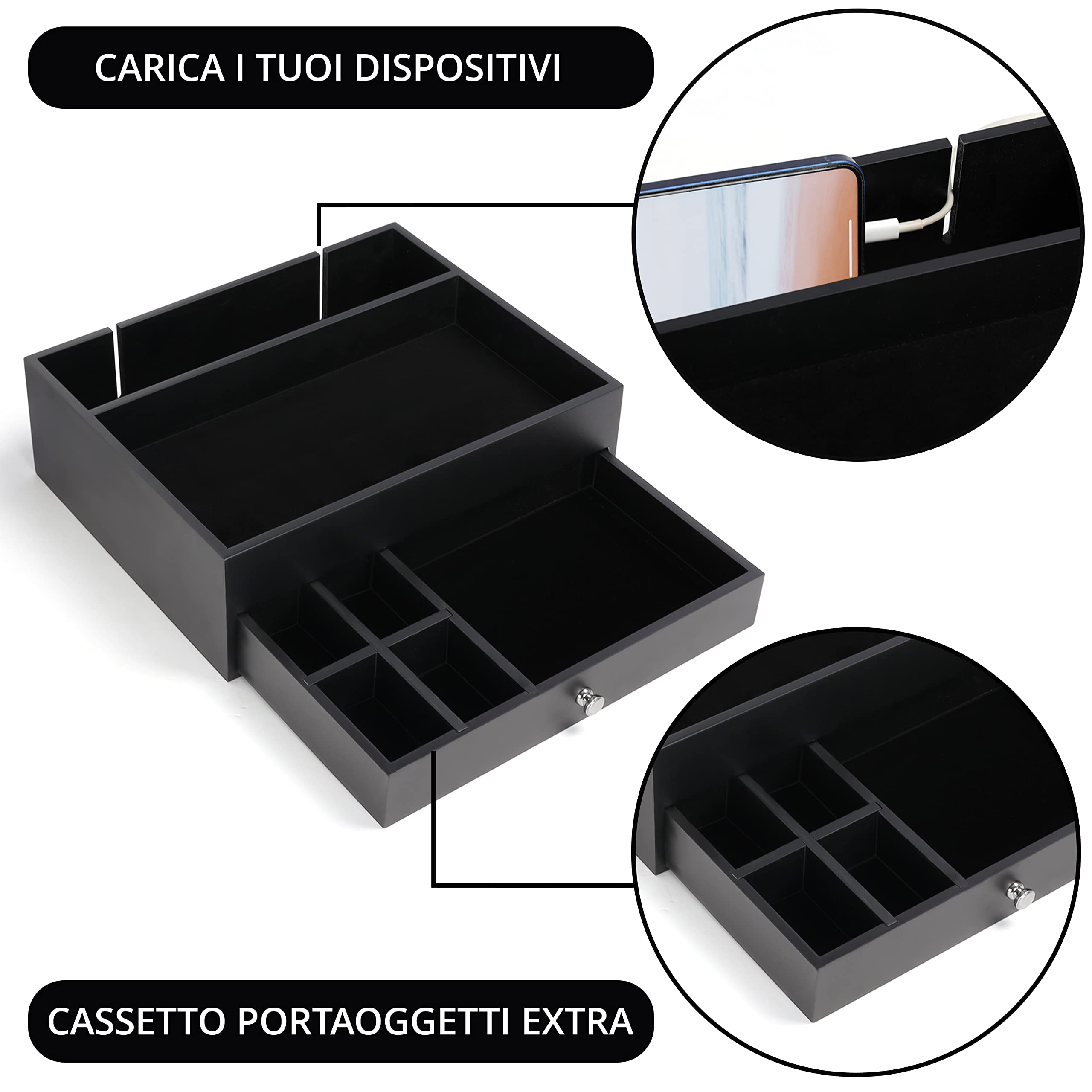 BELLE VOUS Svuotatasche Pelle Finta a 7 Scomparti Nero con Cassetto - Svuota Tasche da Scrivania per Portafoglio, Telefono, Chiavi, Gioielli, Soldi, Gemelli - Porta Oggetti Scrivania Moderno