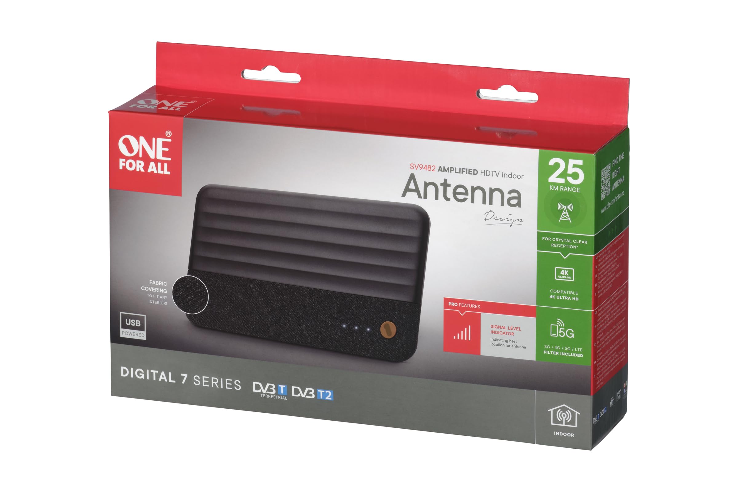 One For All – 3G/4G/5G - Bloque Les signaux – Antenne intérieure amplifiée – Ultra 4K HD TV – Réception multidirectionnelle – Distance aux émetteurs 0 – 25 km – SV9482-5G