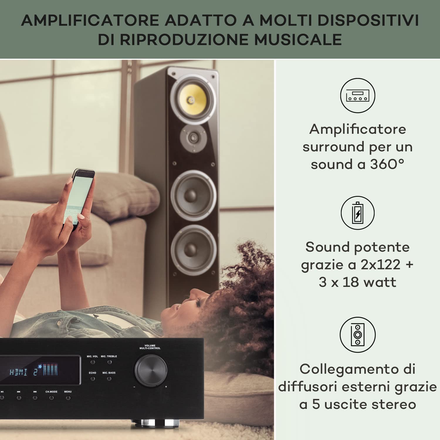 AUNA AMP-H260 5.1 - Amplificatore Receiver Equalizzatore, 2x100 Watt + 3x20 Watt RMS, Bluetooth, Porta USB, Slot SD, Digital-In Ottico & Coassiale, 2 x HDMI-In/1 x HDMI-Out, Nero