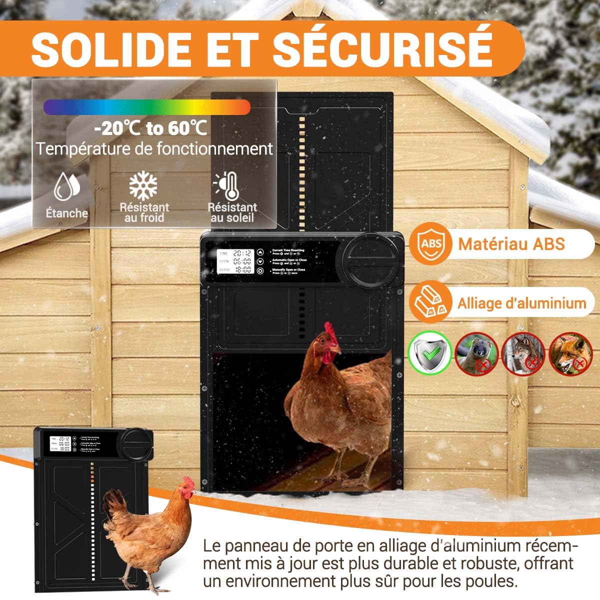 Porte Automatique Poulailler - Grande avec Minuterie du Matin/Soir, Porte Poulailler Automatique en Alliage d'aluminium, Porte Poulailler Anti-pincement Fonctionne à Piles