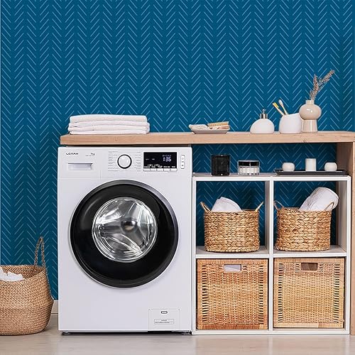 Miniatura 6 de Erfoni - Papel tapiz, de color azul y blanco, para despegar y pegar, moderno, con diseño de espiga, papel adhesivo para baño, de 17.7 x 236.2