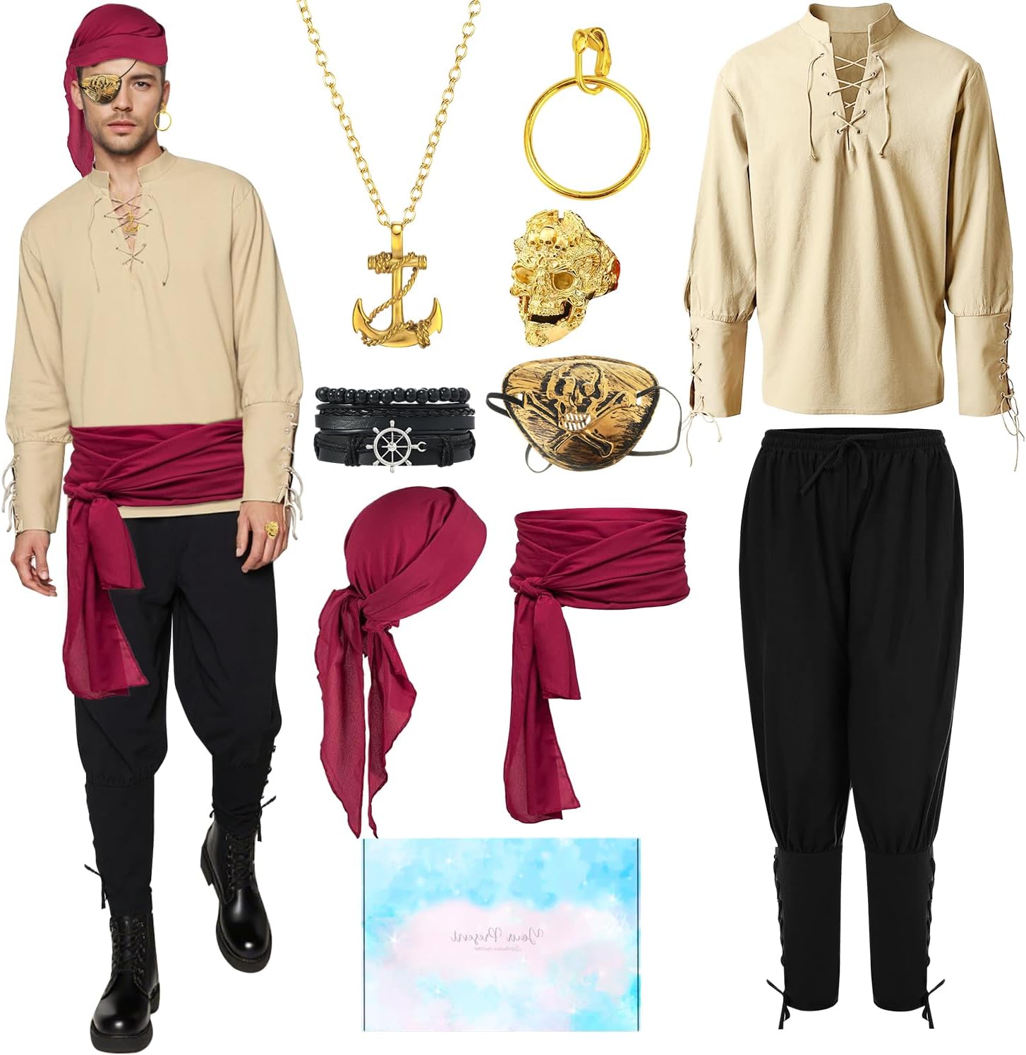 TOLOYE Pirate Costume Men, Medieval Pirate Shirt Pants with Accessories, Pirates Outfit Dress Up for Cosplay Party