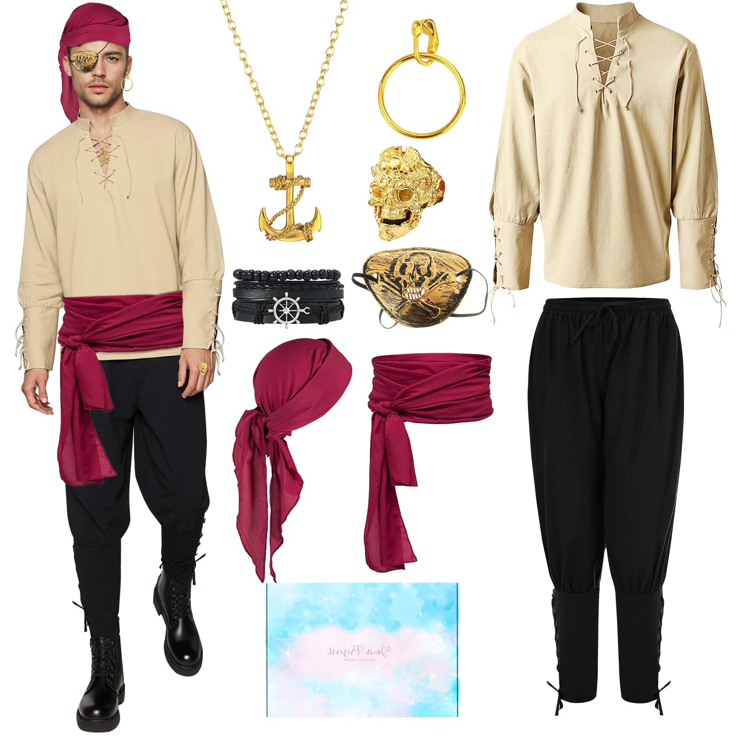 TOSZOLY Disfraz Pirata Hombre, Disfraz Medieval Renacentista con Bandana de Piratas Accesorios, Disfraces Carnaval Hombre, Disfraces de Pirata para Carnaval Fiesta Halloween Cosplay