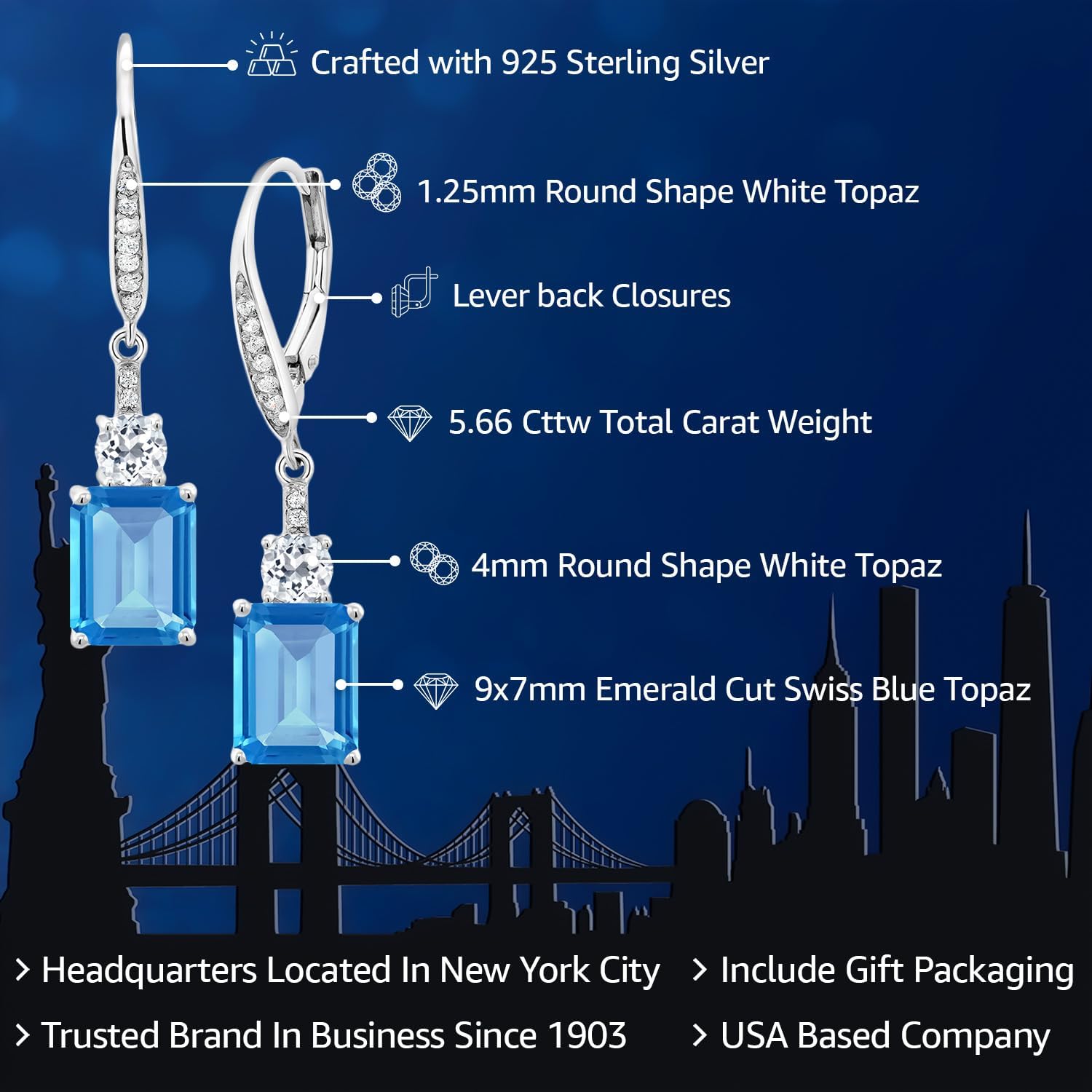 Gem Stone King Drop Dangle Gemstone Birthstone and White Topaz Earrings for Women | 925 Sterling Silver | Emerald Cut 9X7MM | Fine Jewelry Gifts for Her Mom Anniversary Wedding - Image 2