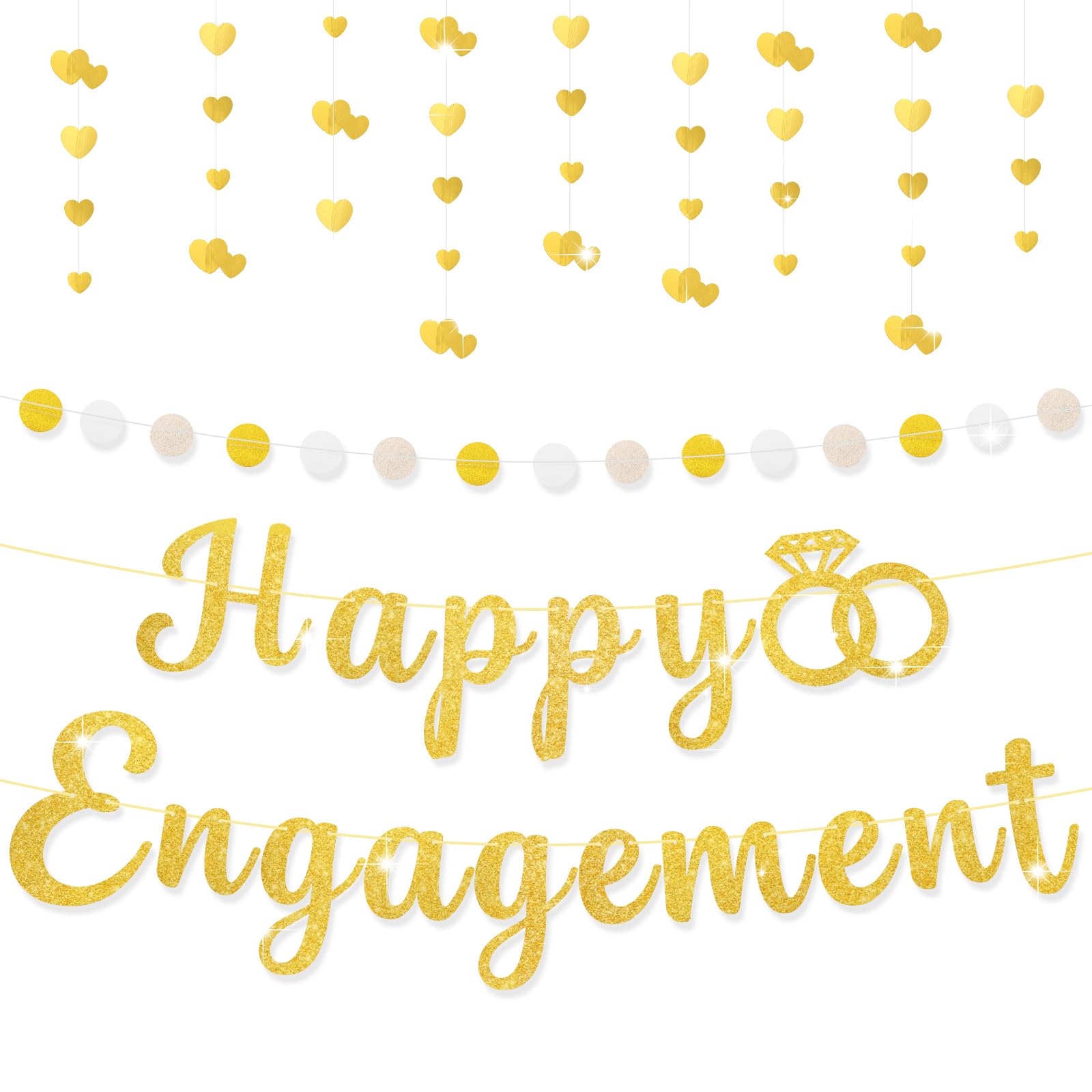 3pcs Engagement Party Decorations, Pre-Strung Gold Glitter Happy Engagement Banner & Heart Garland & Polka Dots Banner for Bridal Shower Wedding Bachelorette Party Decor