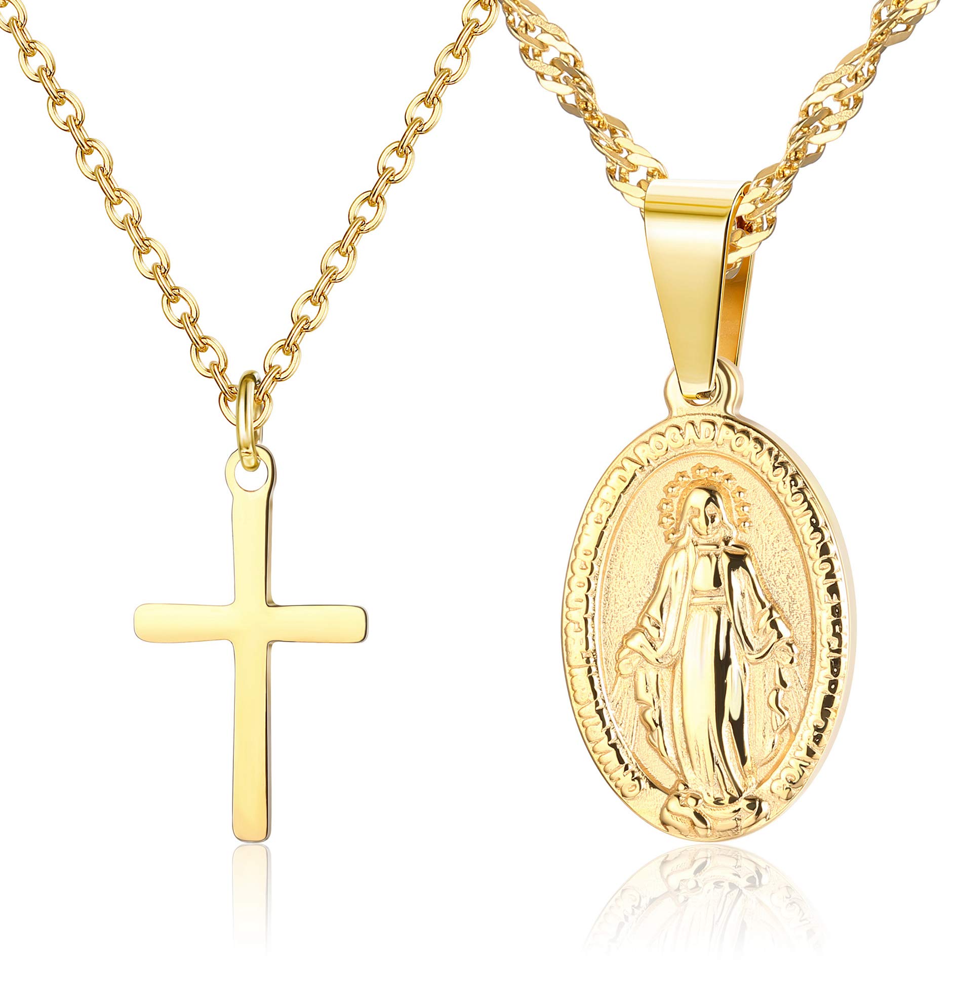 CASSIECA 2 Piezas 14K Chapado en Oro Acero Inoxidable Collar para Mujer Cruz Colgante Collar Virgen Maria Collar Joyería Católica Cristiana