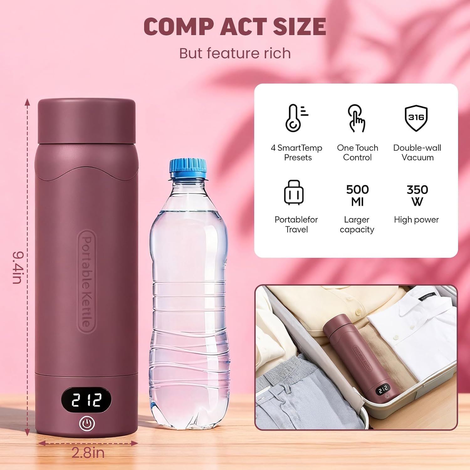 Travel Electric Kettle Portable Mini Kettle, 316 Stainless Steel 16.91Oz/500mL, Small Hot Water Boiler with 4 Temperature,Fast Boiling water with Auto Shut-Off and Boil Dry Protection Cranberry