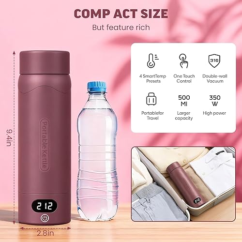 Miniatura 6 de Hervidor eléctrico de viaje portátil mini, acero inoxidable 316 16.91 oz/500 mL, pequeña caldera de agua caliente con 4 temperaturas, agua de