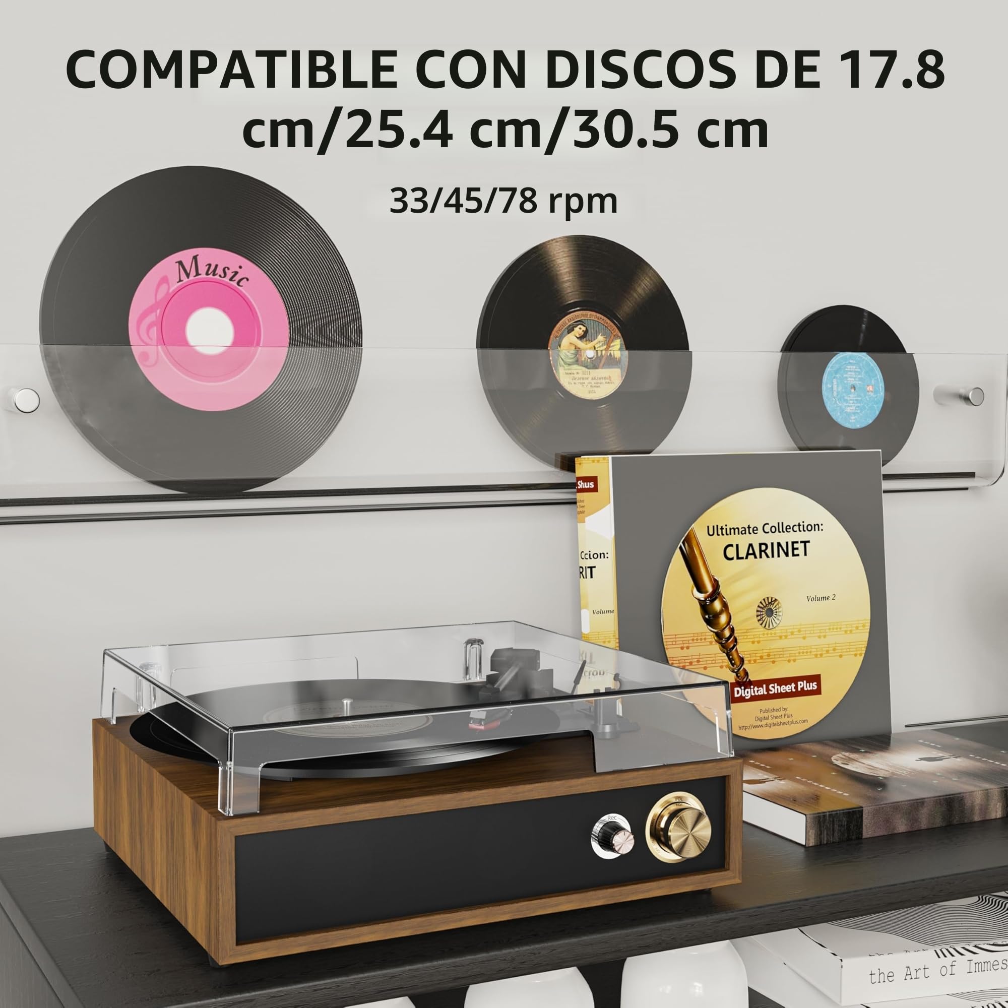 FYDEE Tocadiscos de Vinilo con USB para Grabación y Reproducción, Bluetooth Bidireccional, Altavoces Integrados y Compatibilidad 33/45/78 RPM, Auto Stop y Tapa Antipolvo - Teca