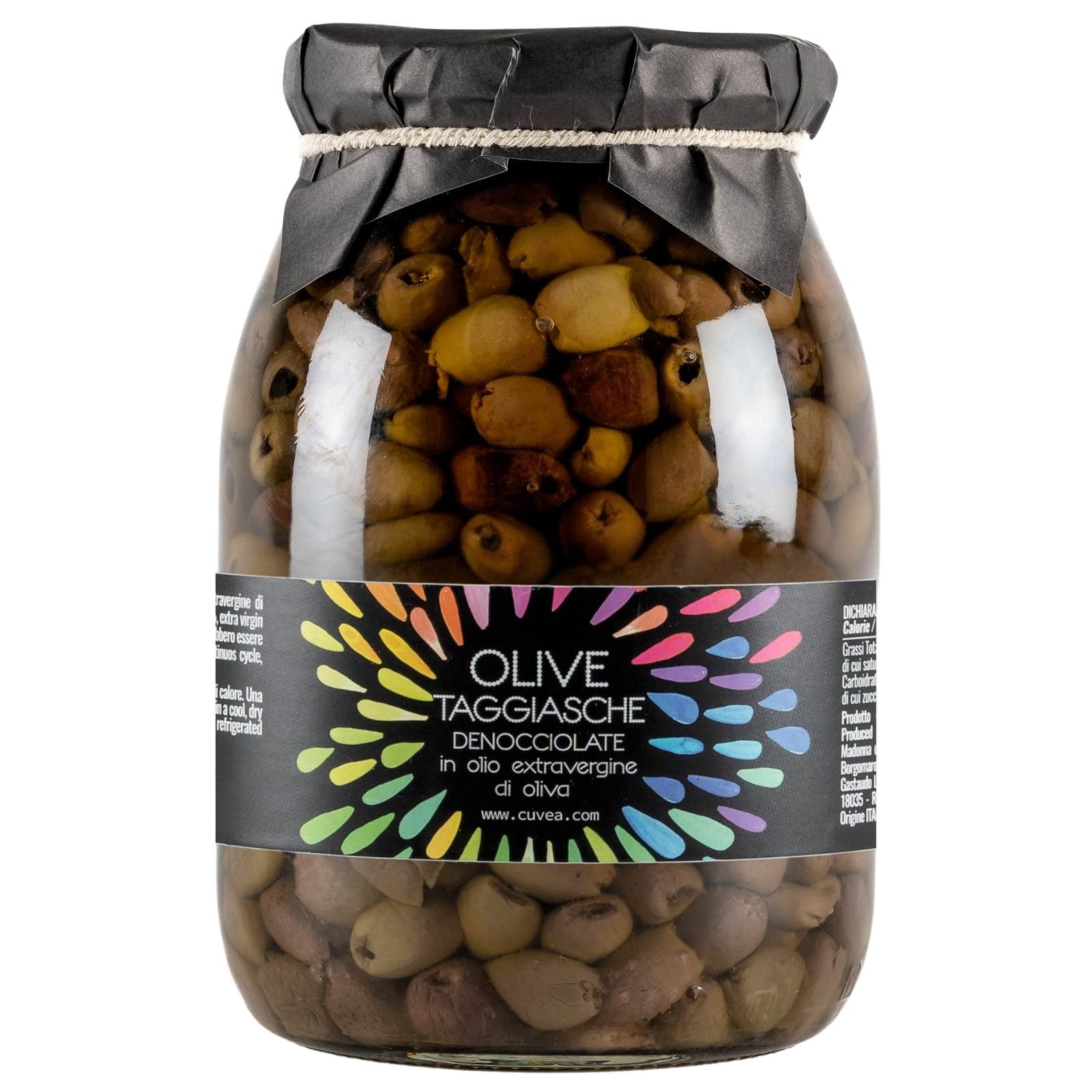 Olive taggiasche denocciolate della Liguria in olio extravergine di oliva 950 g Cuvea- Produzione azienda agricola Cuvea - Senza conservanti né coloranti né correttori di acidità