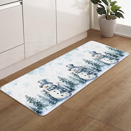 Miniatura 7 de Juego de 2 tapetes de cocina de Navidad con diseño de muñeco de nieve azul, antideslizantes, para entrada, árbol de Navidad, copo de nieve,