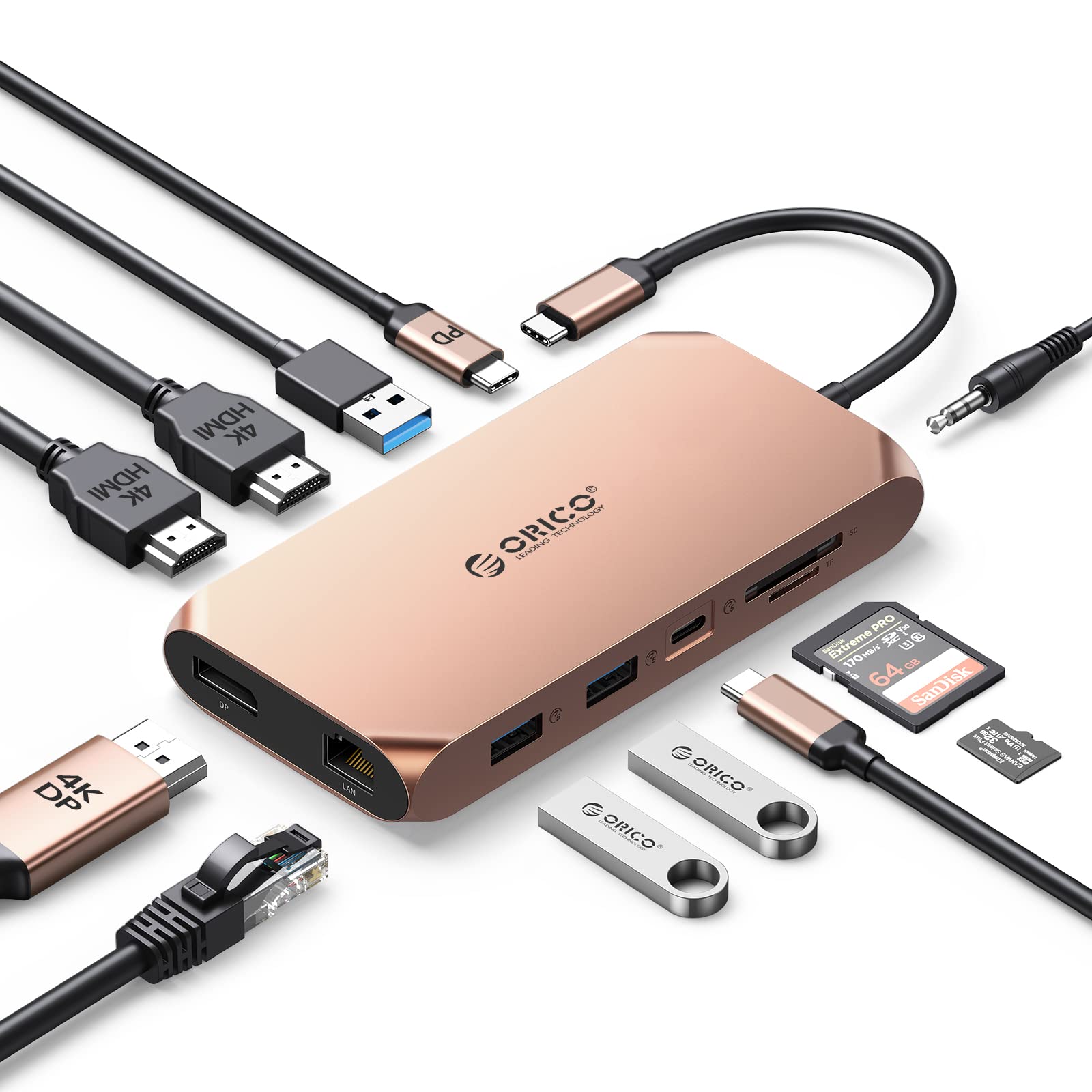 Station d'accueil Hub USB, ORICO Docking Station, Adaptateur USB C, avec Double HDMI 4K, DP 4K @ 60 Hz, 100 W, Ethernet 1 Gbps, 3 Ports de données USB 3.0, Lecteur de Carte SD et microSD