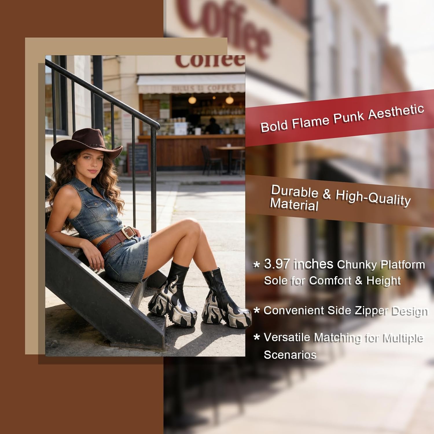 HiColor Women's Red Flames Printing Chunky Sole Boots, Ankle-High, Zipper Closure, Round Toe, Platform Heel, All-Season, Women's Casual Boots - Image 7